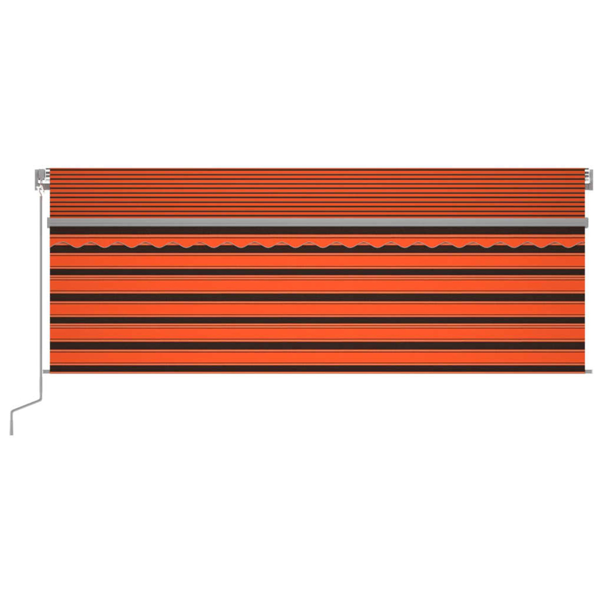 Eine orange-schwarz gestreifte Markise, eingefahren, mit gewelltem Rand.