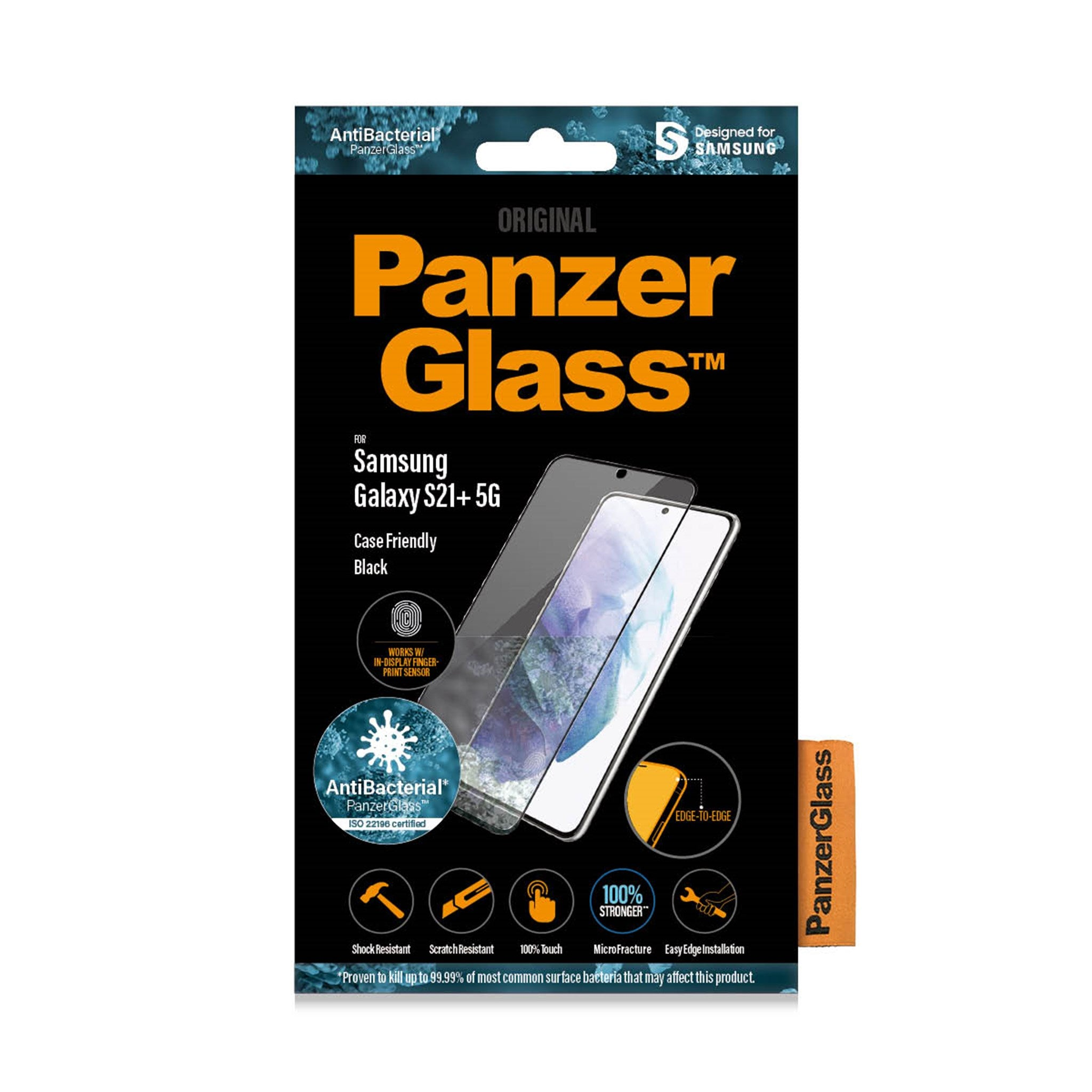 Confezione PanzerGlass per Samsung Galaxy S21+. Testo e immagini che descrivono il prodotto. Sfondo bianco.