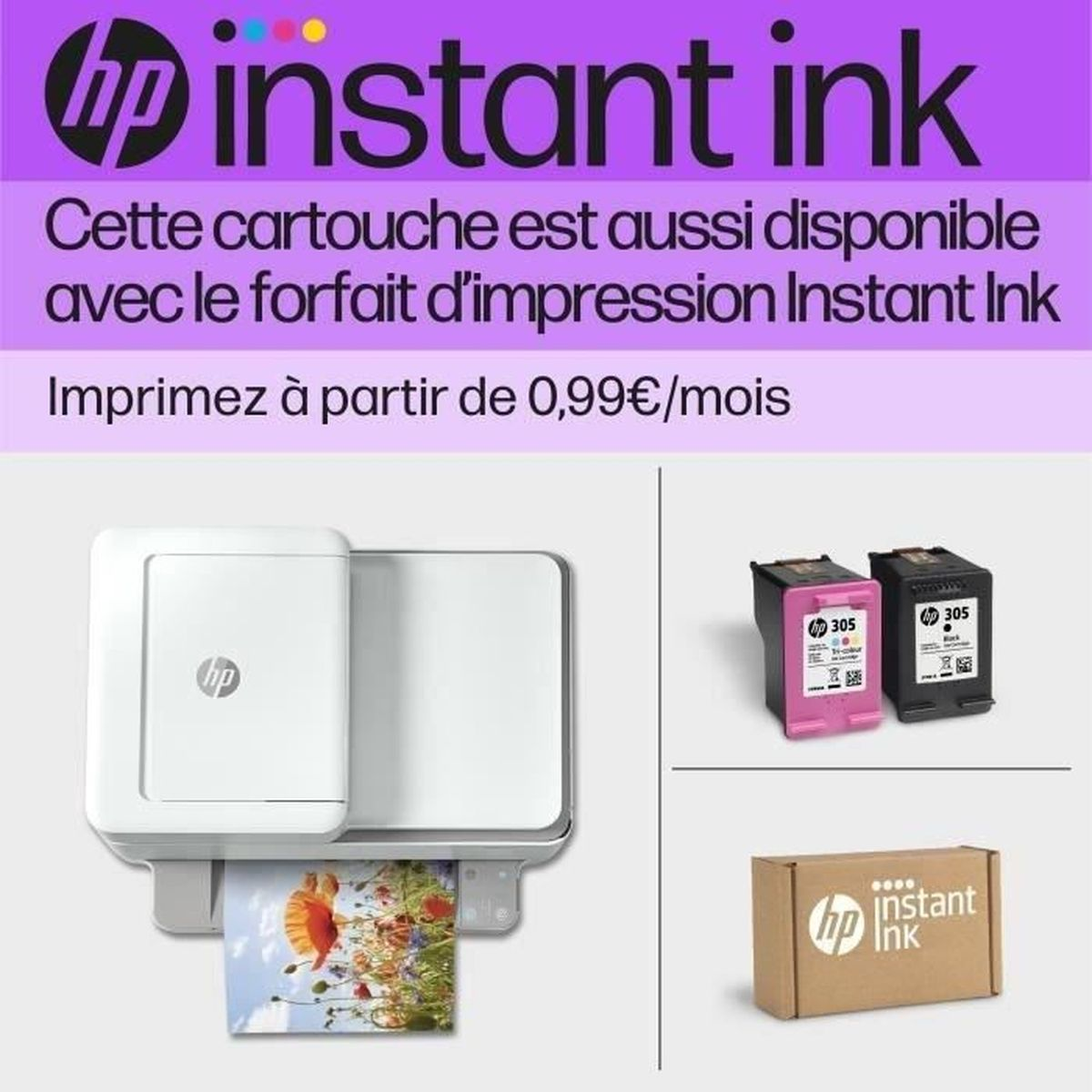 HP Instant Ink Anzeige mit Drucker, Patronen und Paket.