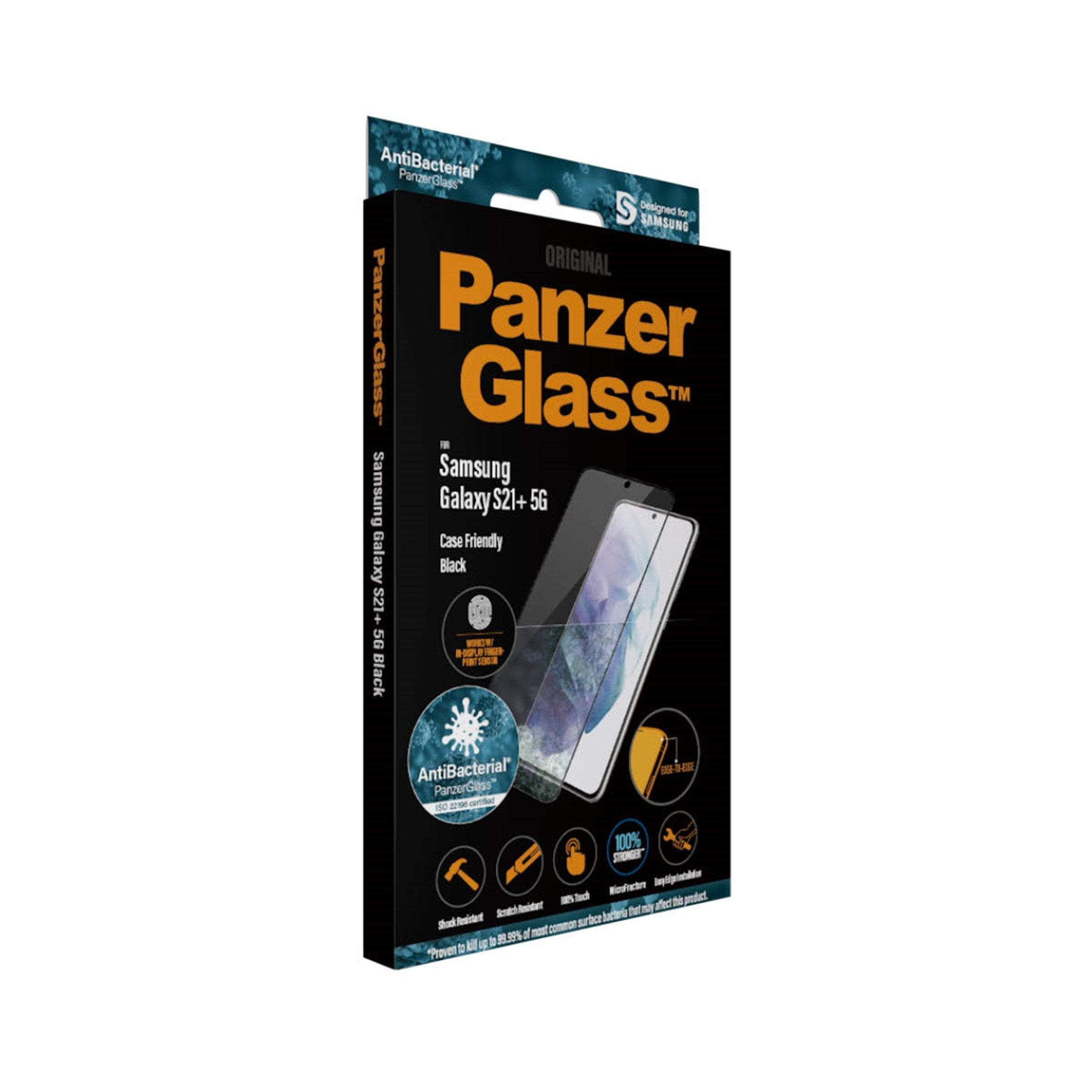 Scatola di protezione schermo PanzerGlass, per Samsung Galaxy S21+ 5G. Design bianco e nero.