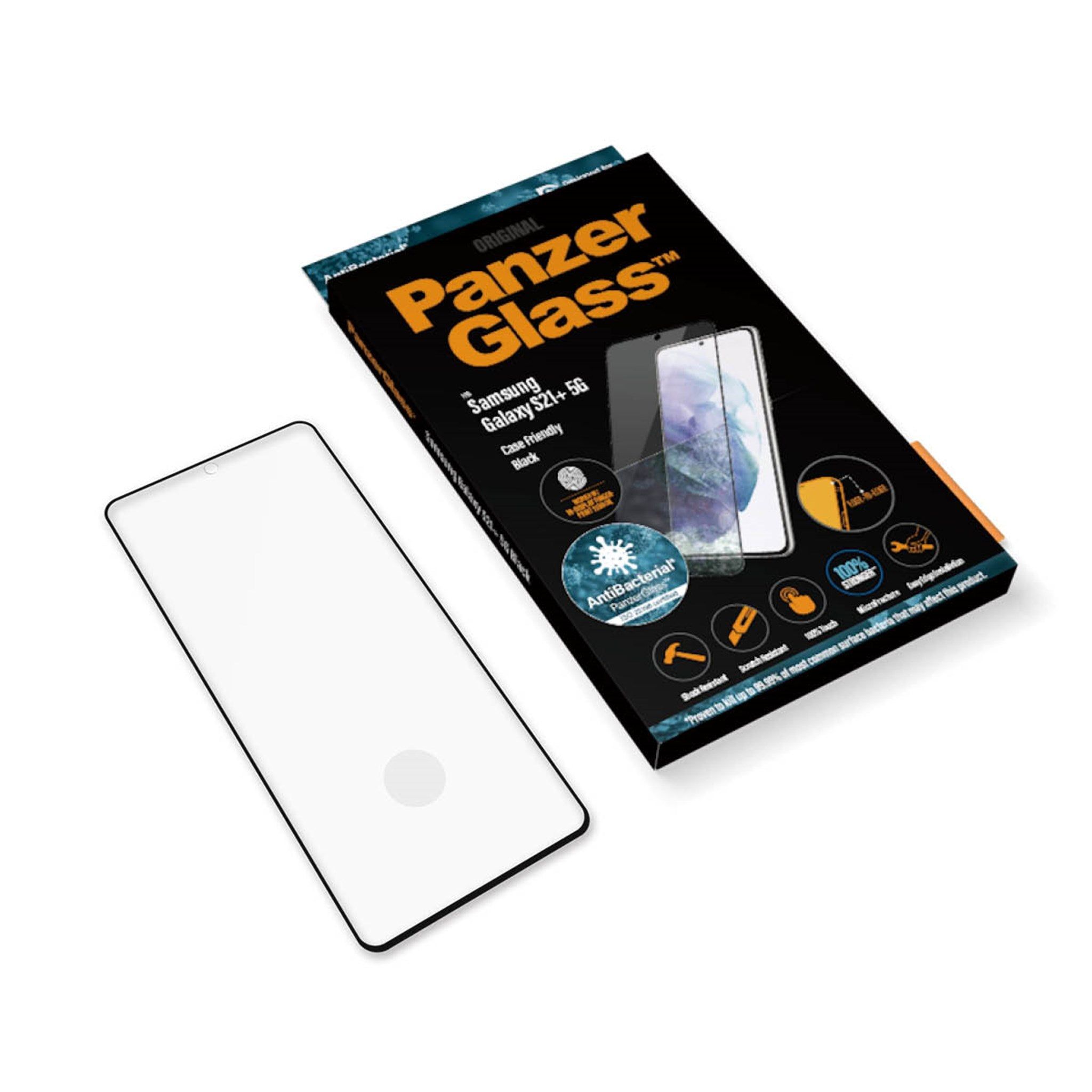 Proteggi schermo PanzerGlass e scatola. Scatola dice Samsung Galaxy, nero, con immagine del telefono.