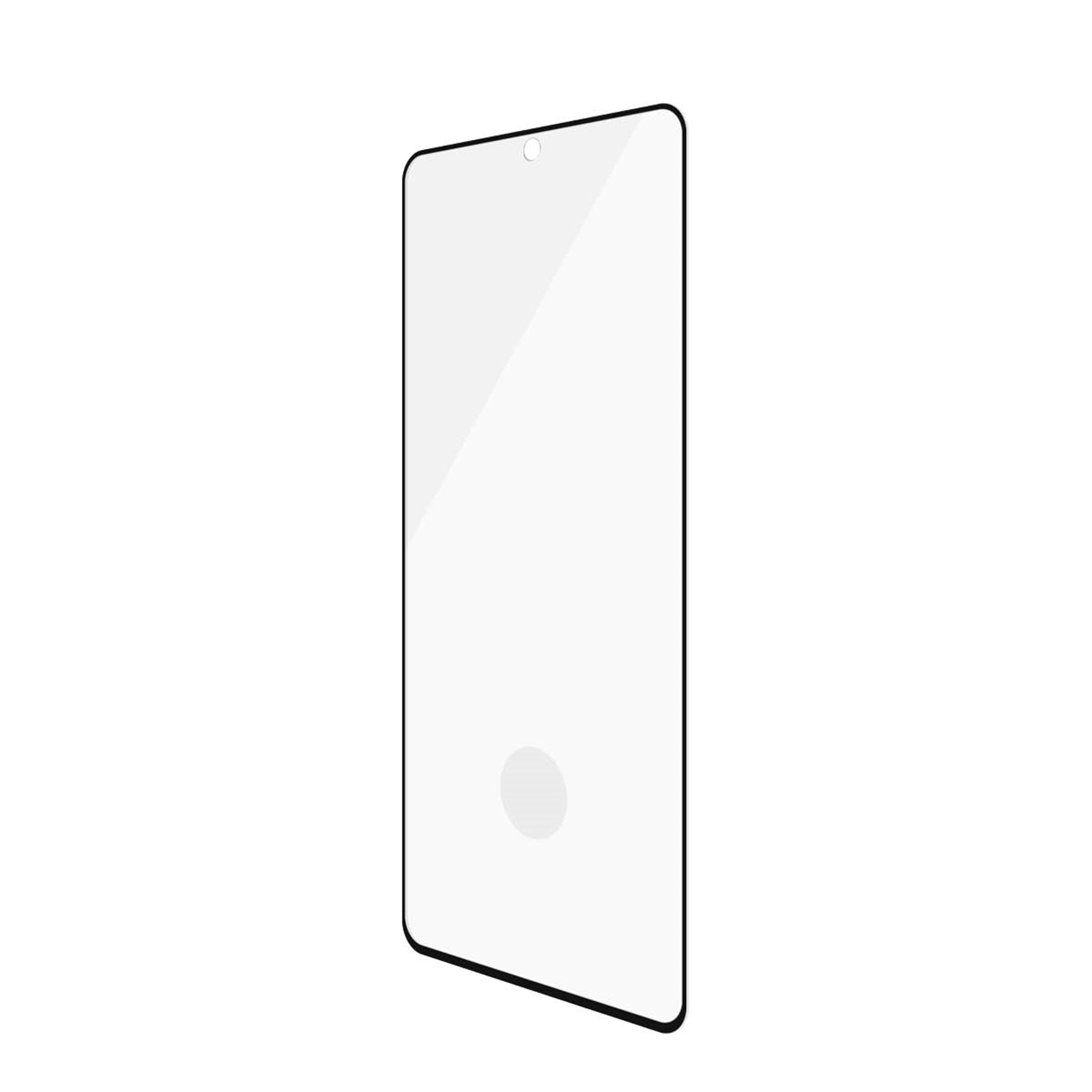 Proteggi schermo per un telefono. Vetro trasparente con bordi neri e foro per fotocamera.