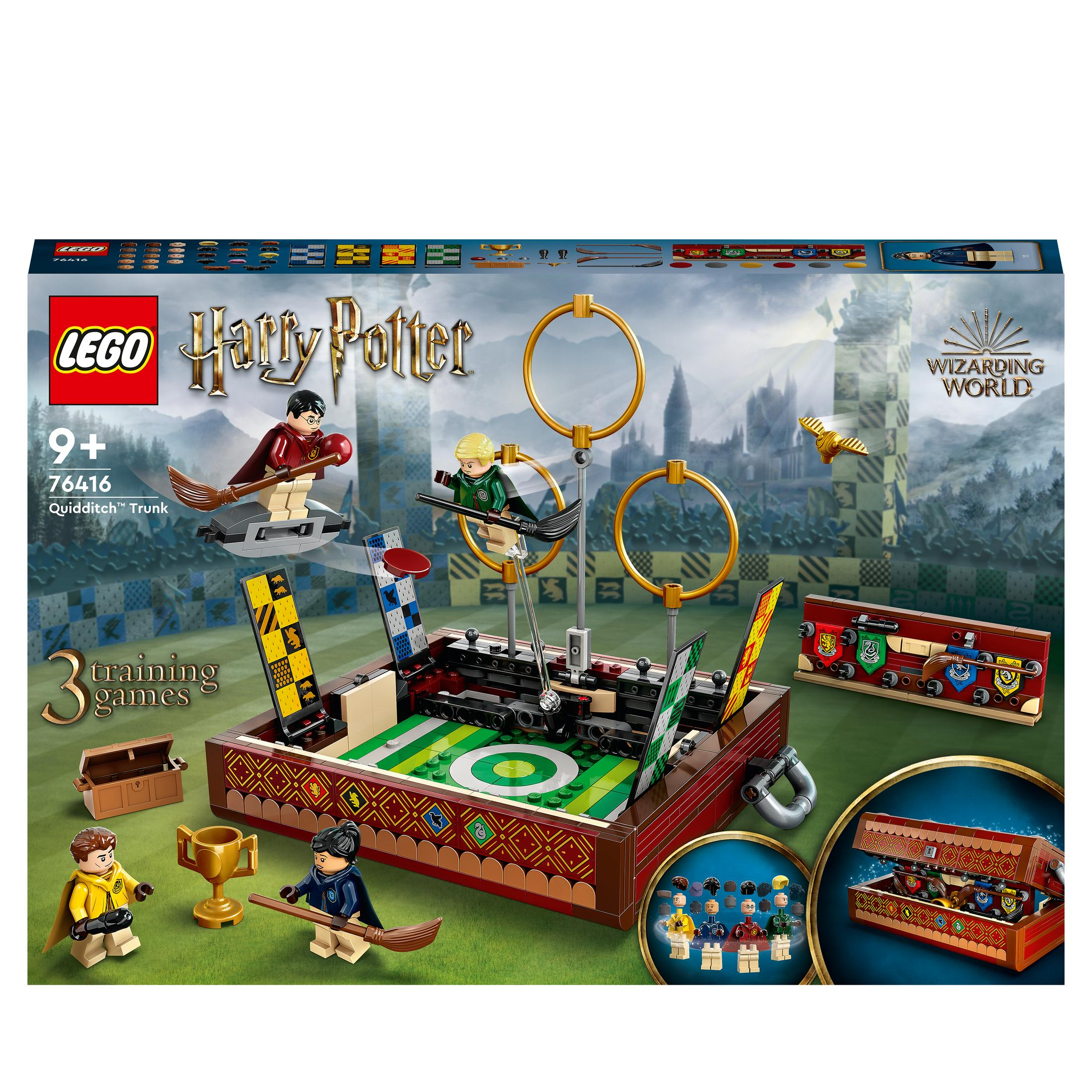 Zestaw Lego Harry Potter Quidditch Trunk z figurkami i akcesoriami. Białe tło.