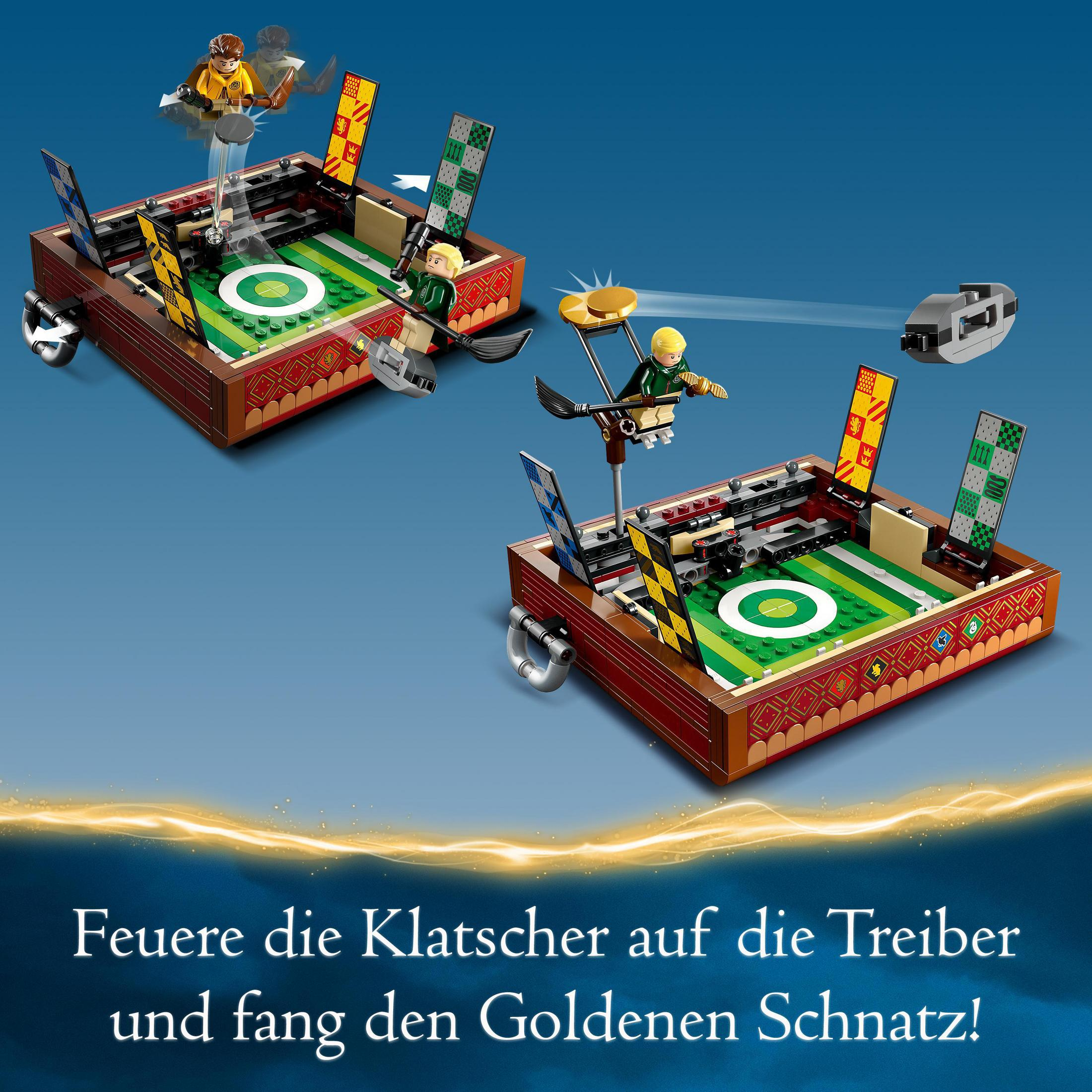 Zestaw LEGO Quidditch z figurkami. Dwa boiska z graczami, złotym zniczem i tekstem.