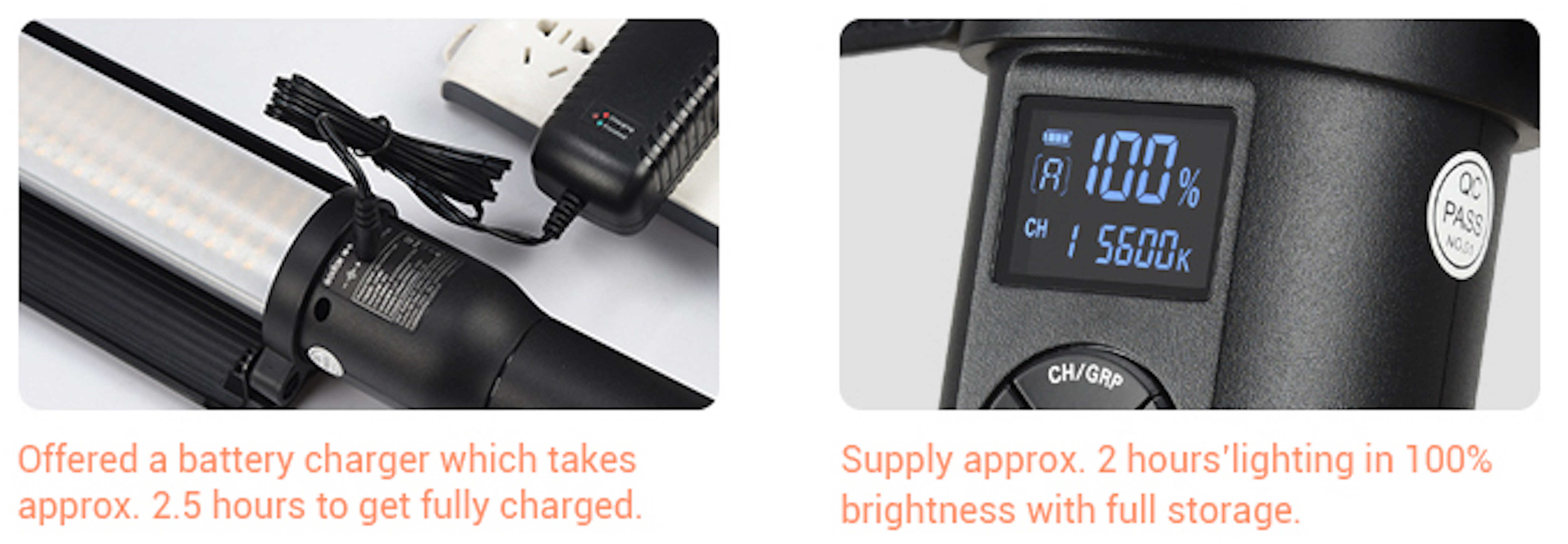 Un chargeur de batterie et un écran avec des infos d'éclairage. L'écran affiche 100% et 5600k.