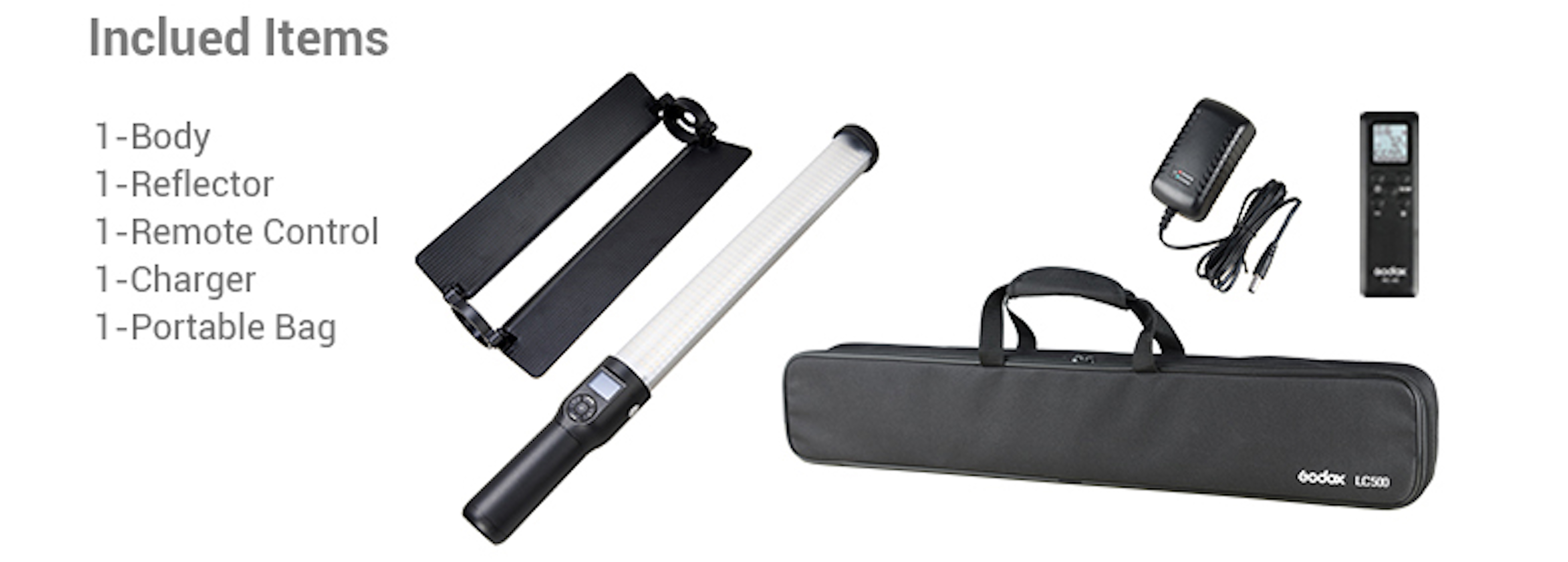 Un kit d'éclairage LED portable avec corps, réflecteur, télécommande, chargeur et sac portable.