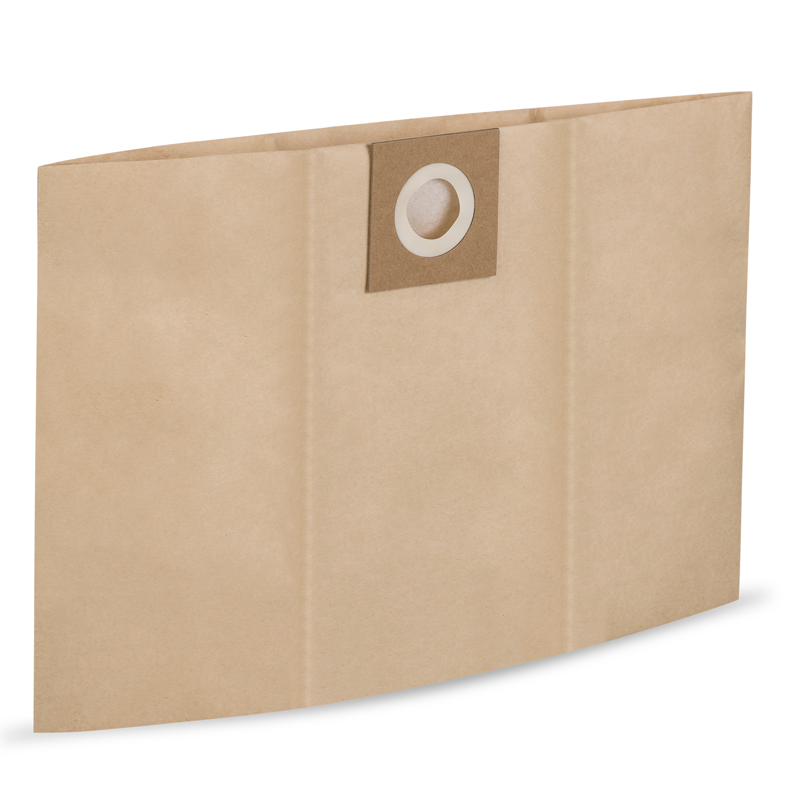 Brązowy papierowy worek do odkurzacza na białym tle, z centralnym otworem i logo producenta.