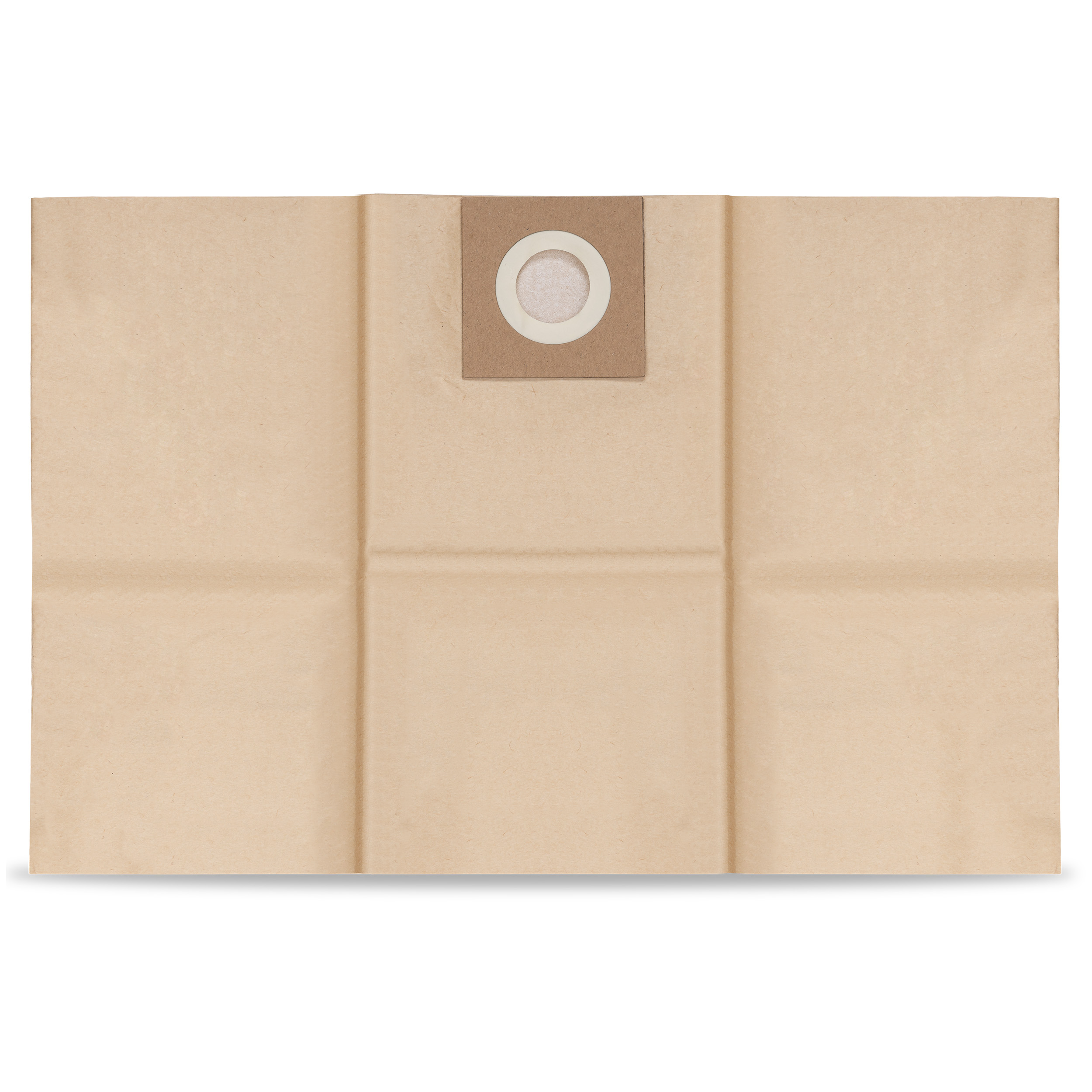 Brązowy papierowy worek do odkurzacza z okrągłym otworem filtra pośrodku.