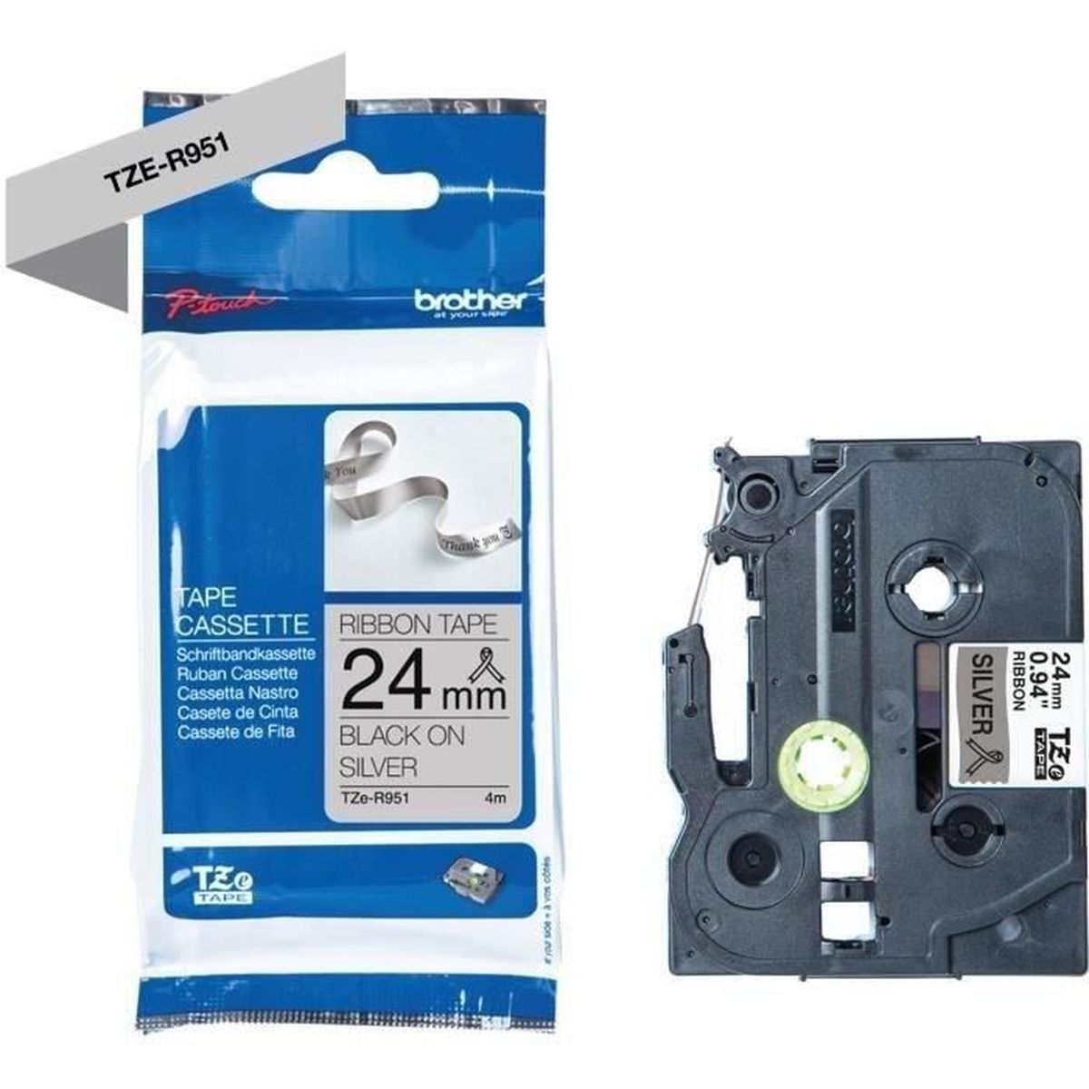 Wkład z taśmą do drukarki etykiet Brother P-touch, czarny na srebrnym, w opakowaniu i wkładzie.