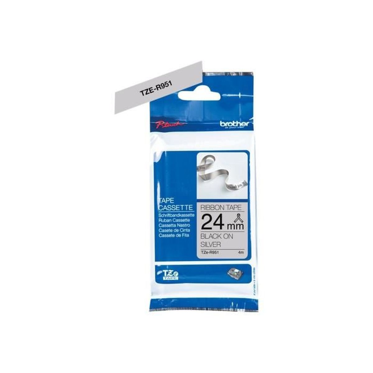 Kaseta z taśmą Brother z czarnym tekstem na srebrnej taśmie o szerokości 24 mm.