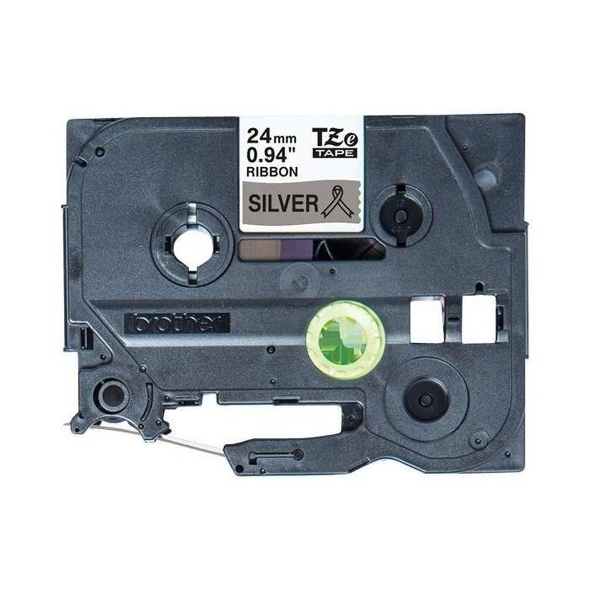 Srebrna kaseta z taśmą z tekstem, białe tło.