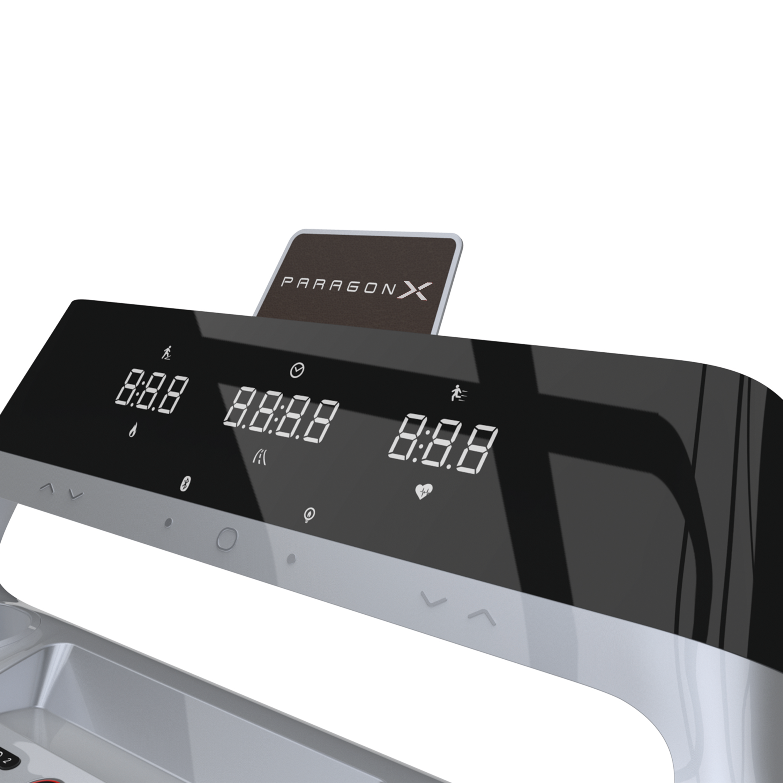 Konsola bieżni z cyfrowym wyświetlaczem pokazującym prędkość, czas i inne wskaźniki. Marka to ParagonX.