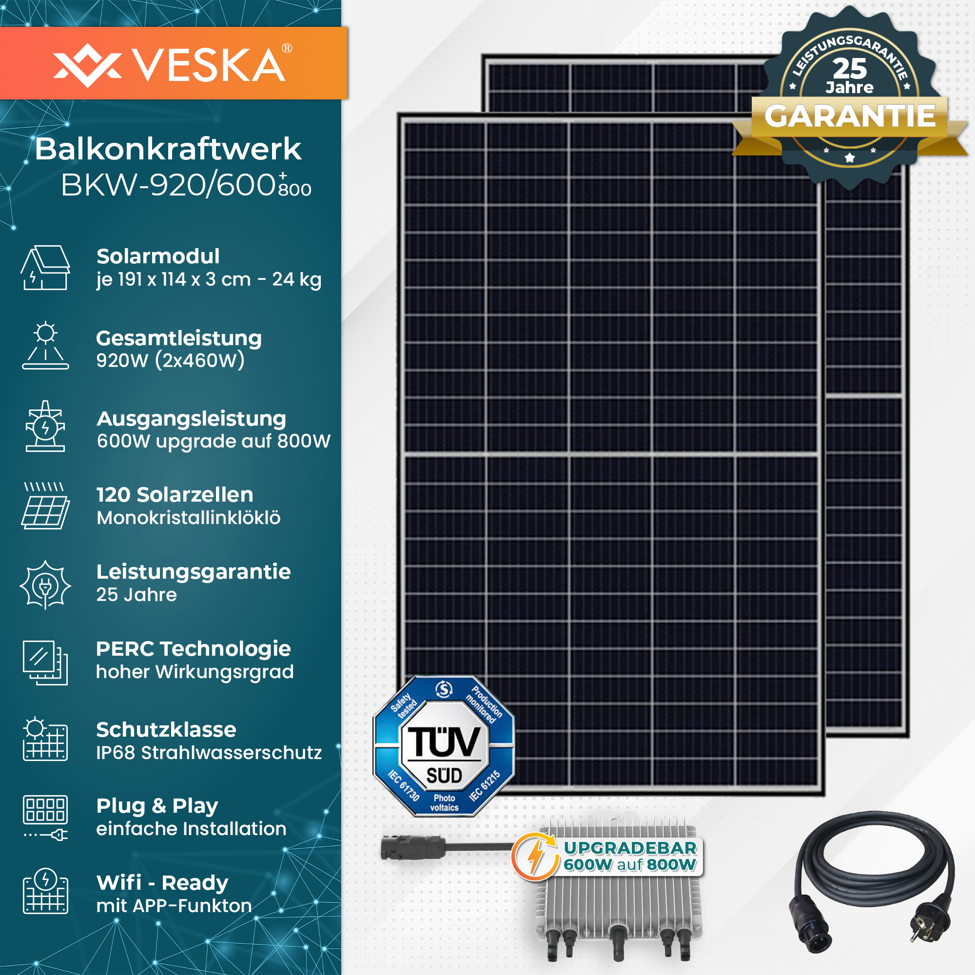 VESKA Komplettset PV 920W/600W (upgradebar Balkon-Solaranlage 800W) auf