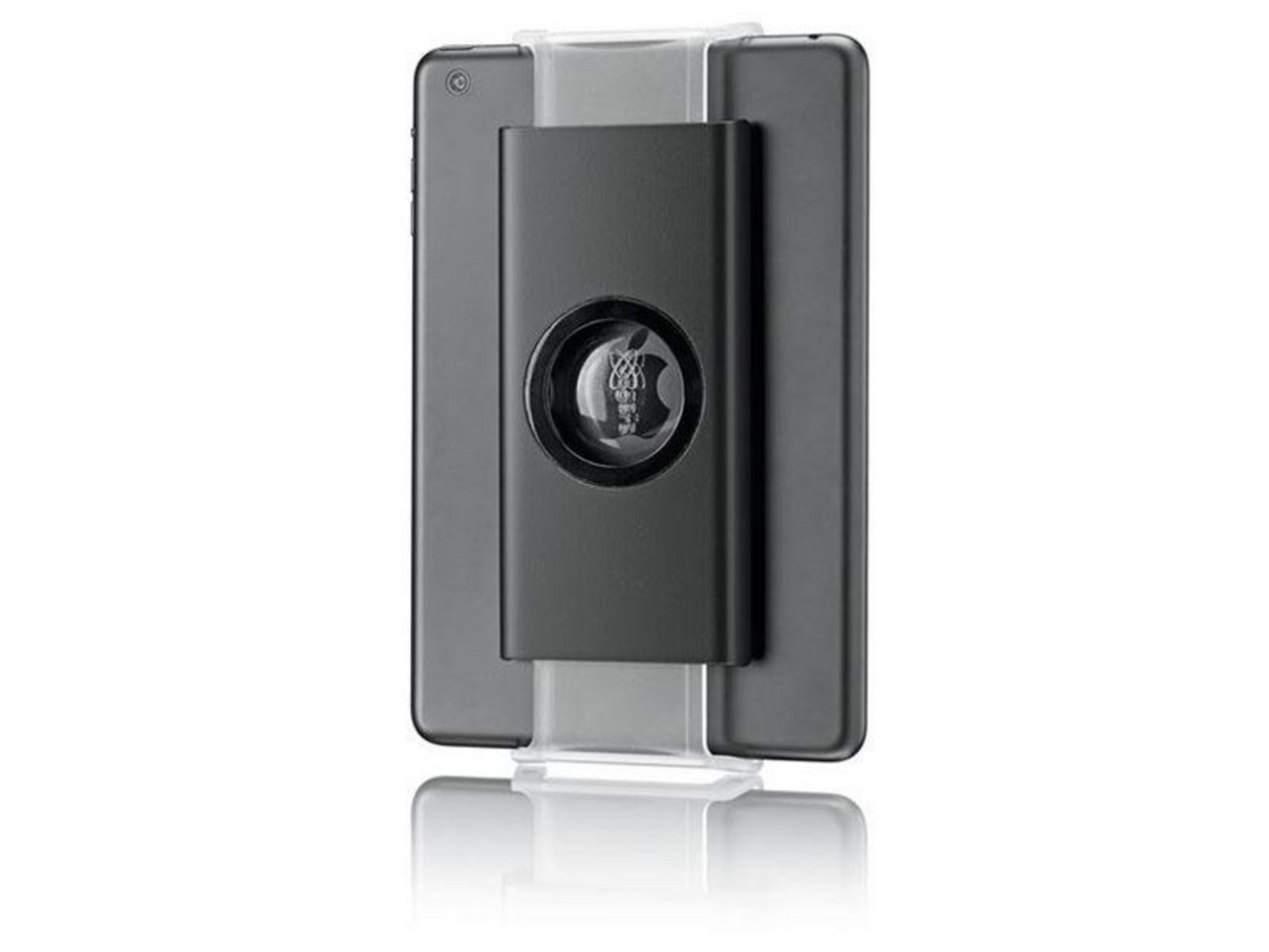 Czarne urządzenie trzymane przez przezroczysty plastikowy uchwyt. Na urządzeniu widoczne jest logo Apple. Tło jest białe.