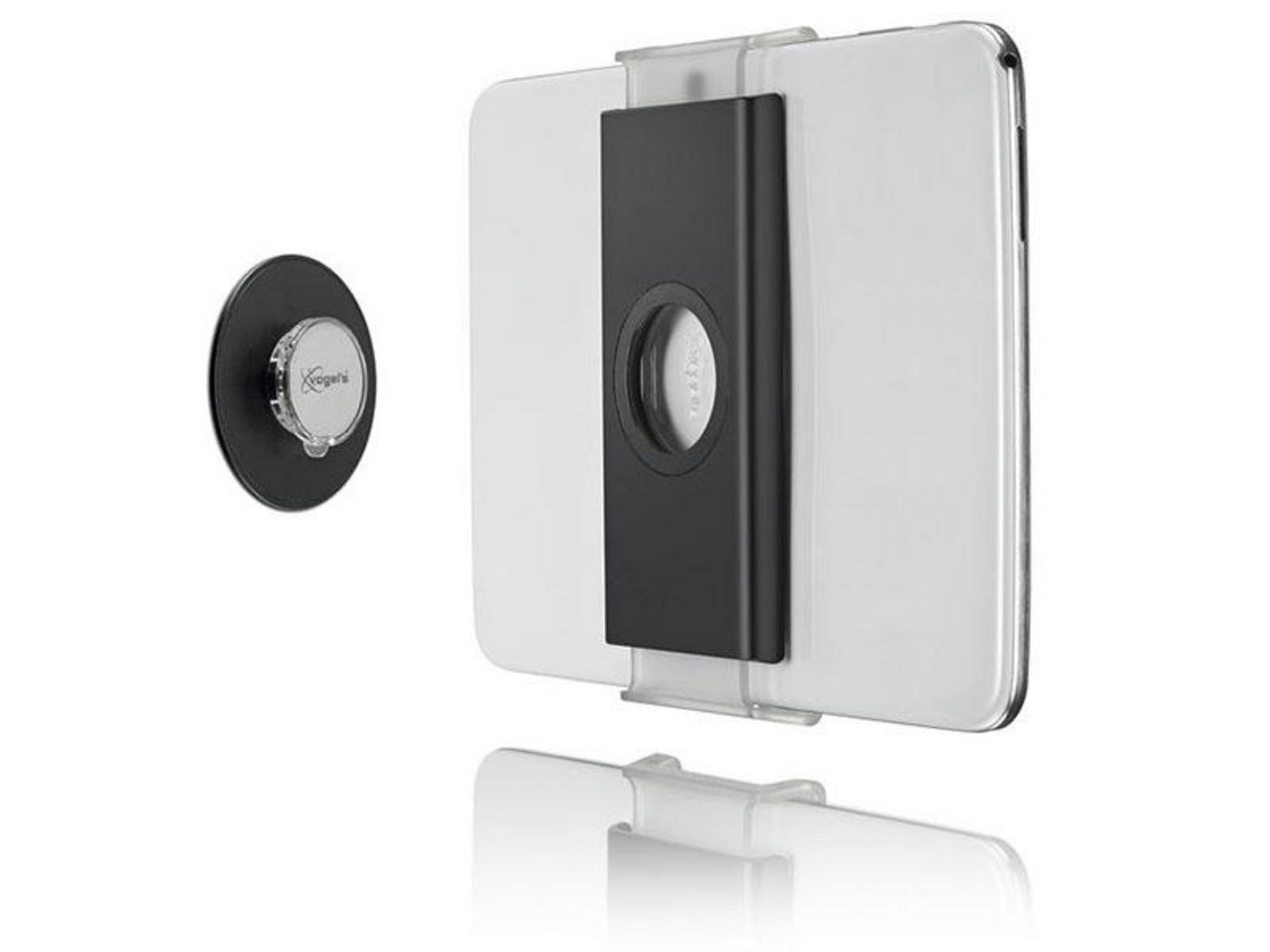 Biały tablet zamontowany na czarnym wsporniku, z mocowaniem magnetycznym.