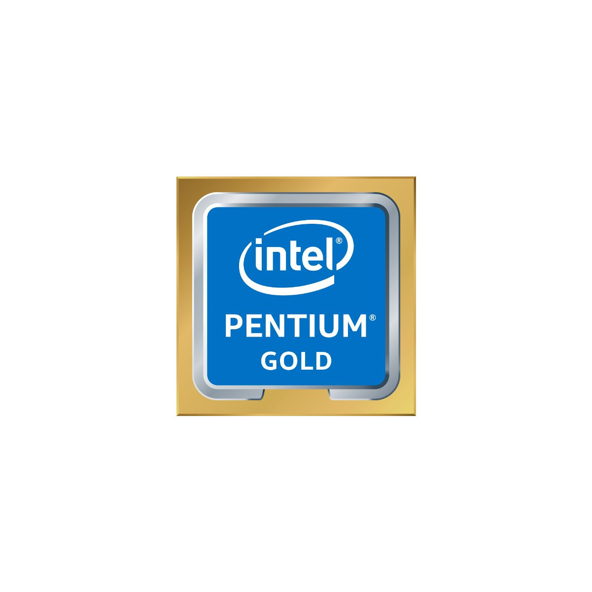 Procesor Intel Pentium Gold na białym tle. Jest w złotej kwadratowej ramce.