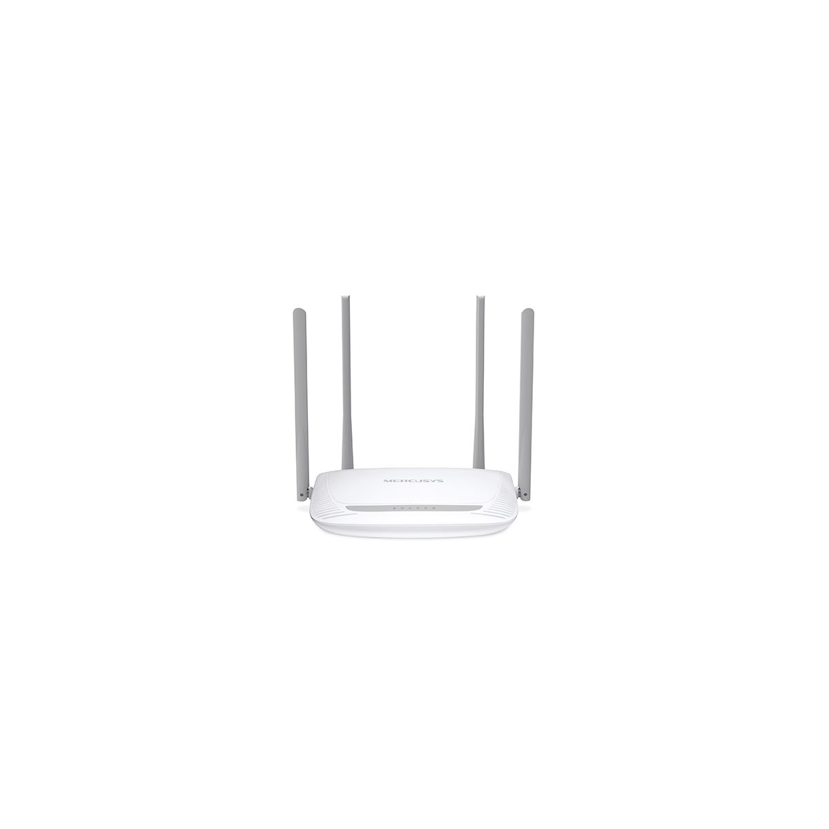 Witte router met drie antennes. Het staat op een witte achtergrond.