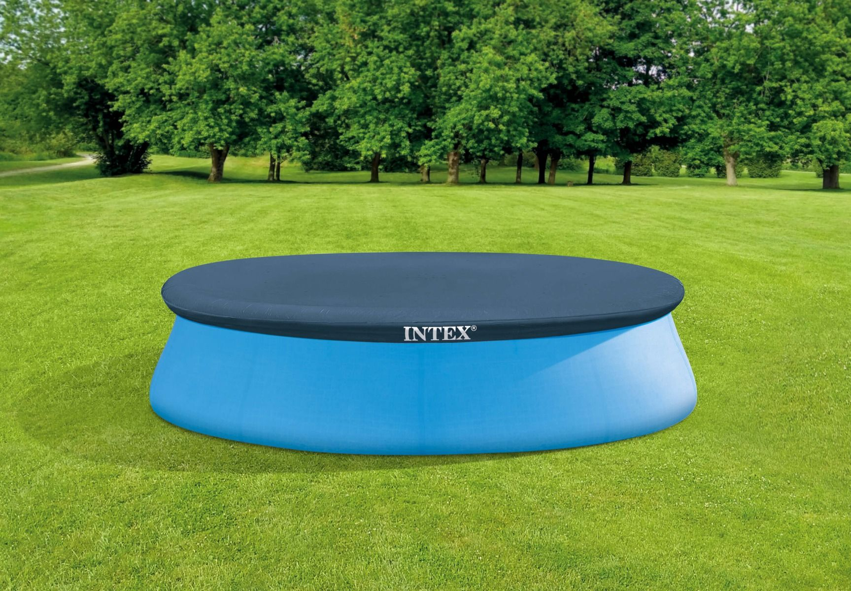 Blauer oberirdischer Pool, bedeckt mit einer dunkelgrauen Abdeckung, auf grünem Gras mit Bäumen.