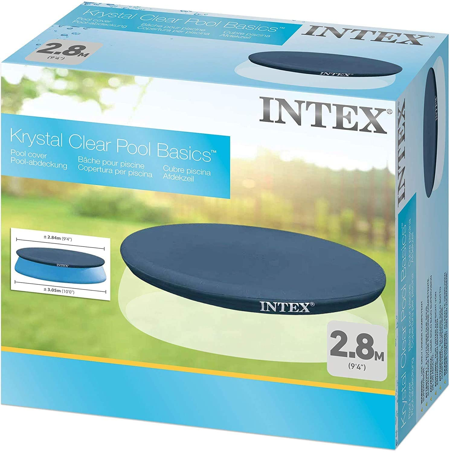 Karton von Intex Krystal Clear Pool Basics mit einer blauen Poolabdeckung und Maßen auf der Box.