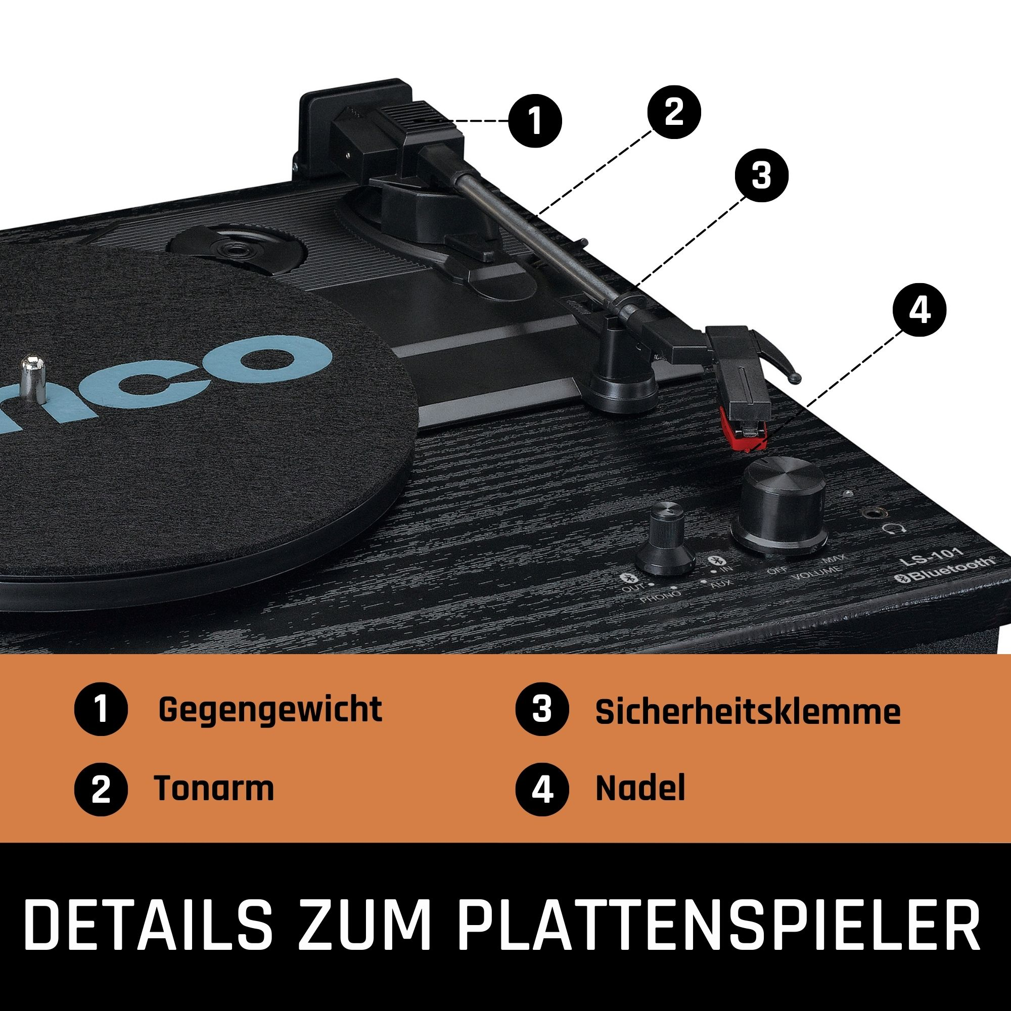 Plattenspieler Schwarz - Holz-Bluetooth LENCO LS-101BK -
