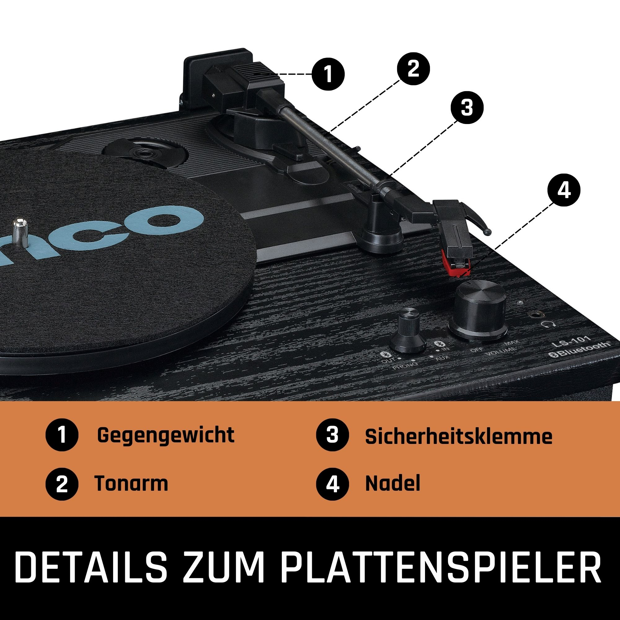 Primer plano de tocadiscos. Superficie negra con etiquetas. Controles, aguja y brazo fonocaptor.