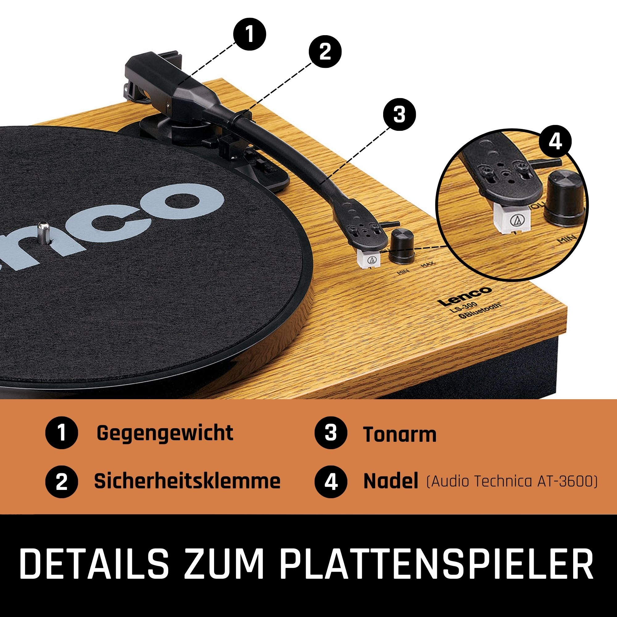 Plattenspieler mit nummerierten Teilen: Gegengewicht, Sicherheitsklemme, Tonarm und Nadel.