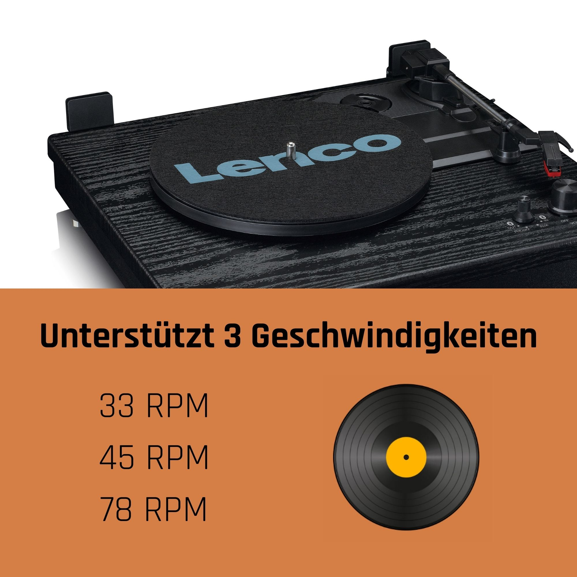 Un tocadiscos Lenco con texto que indica que admite 3 velocidades: 33, 45 y 78 RPM.