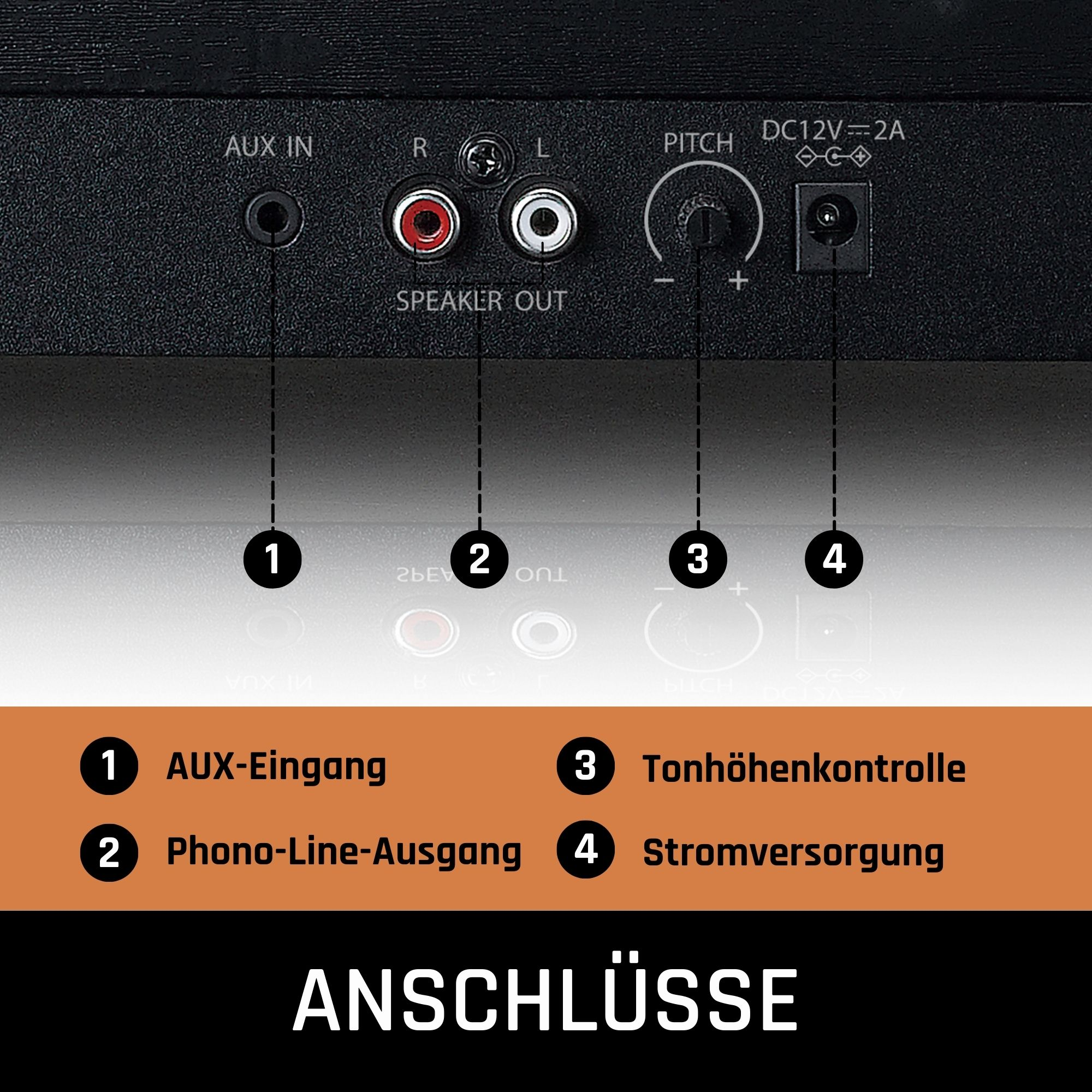 Primer plano del panel trasero de un dispositivo de audio. Conectores de entrada/salida y control de tono.