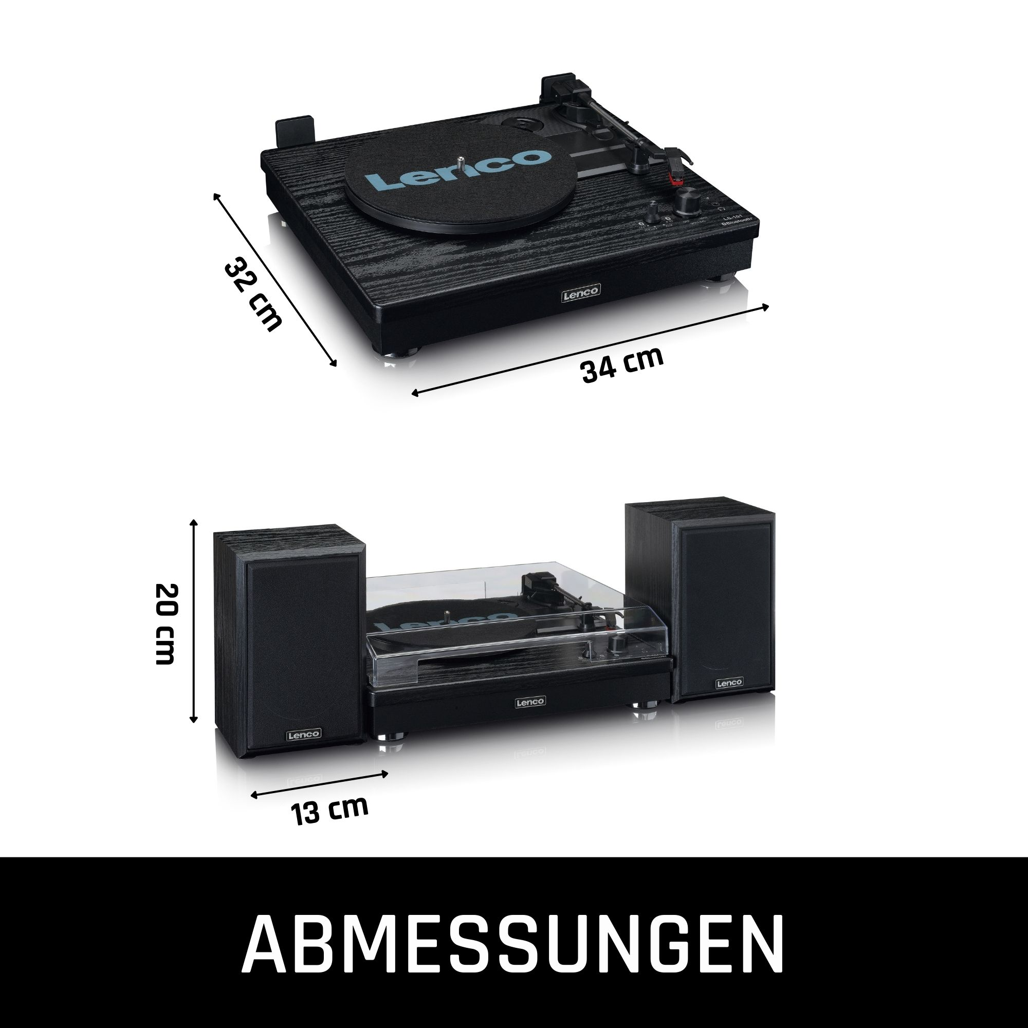 Imagen de un tocadiscos y altavoces con dimensiones. Blanco y negro.