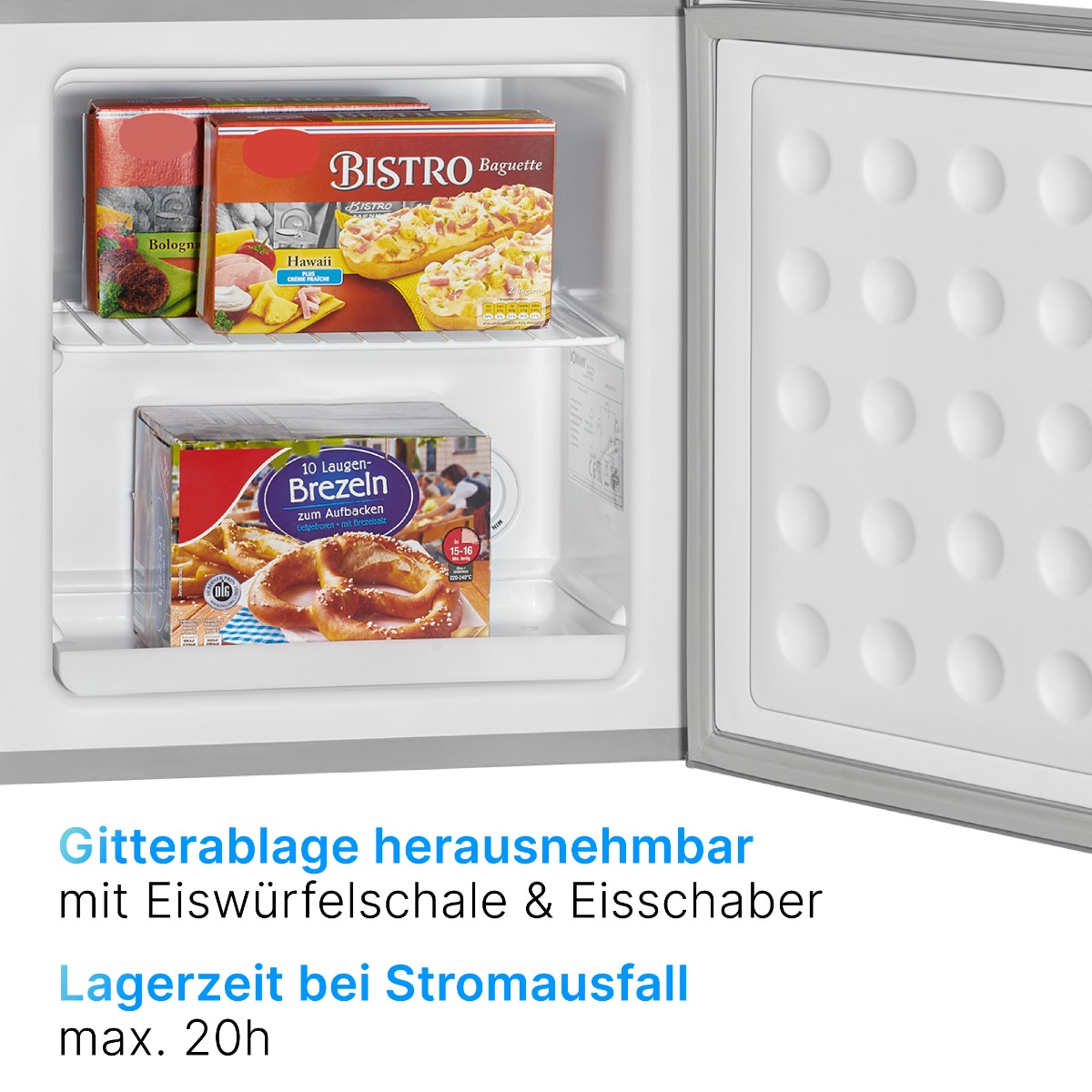 Zamrażarka z mrożonkami. Otwarte drzwi. Tekst w języku niemieckim.