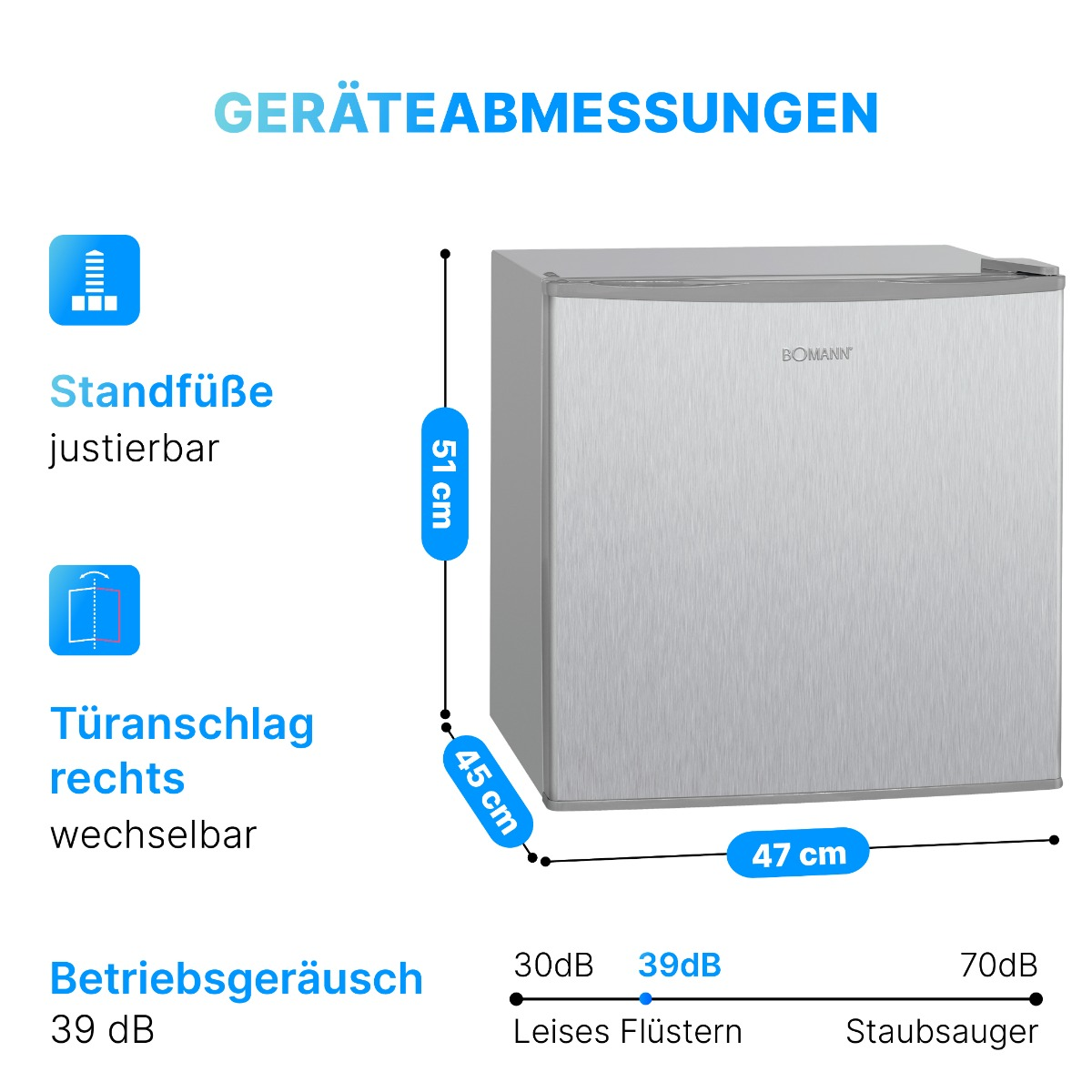 Schemat lodówki. Wymiary: 51 cm wysokości, 45 cm głębokości, 47 cm szerokości. Pomiary i tekst.