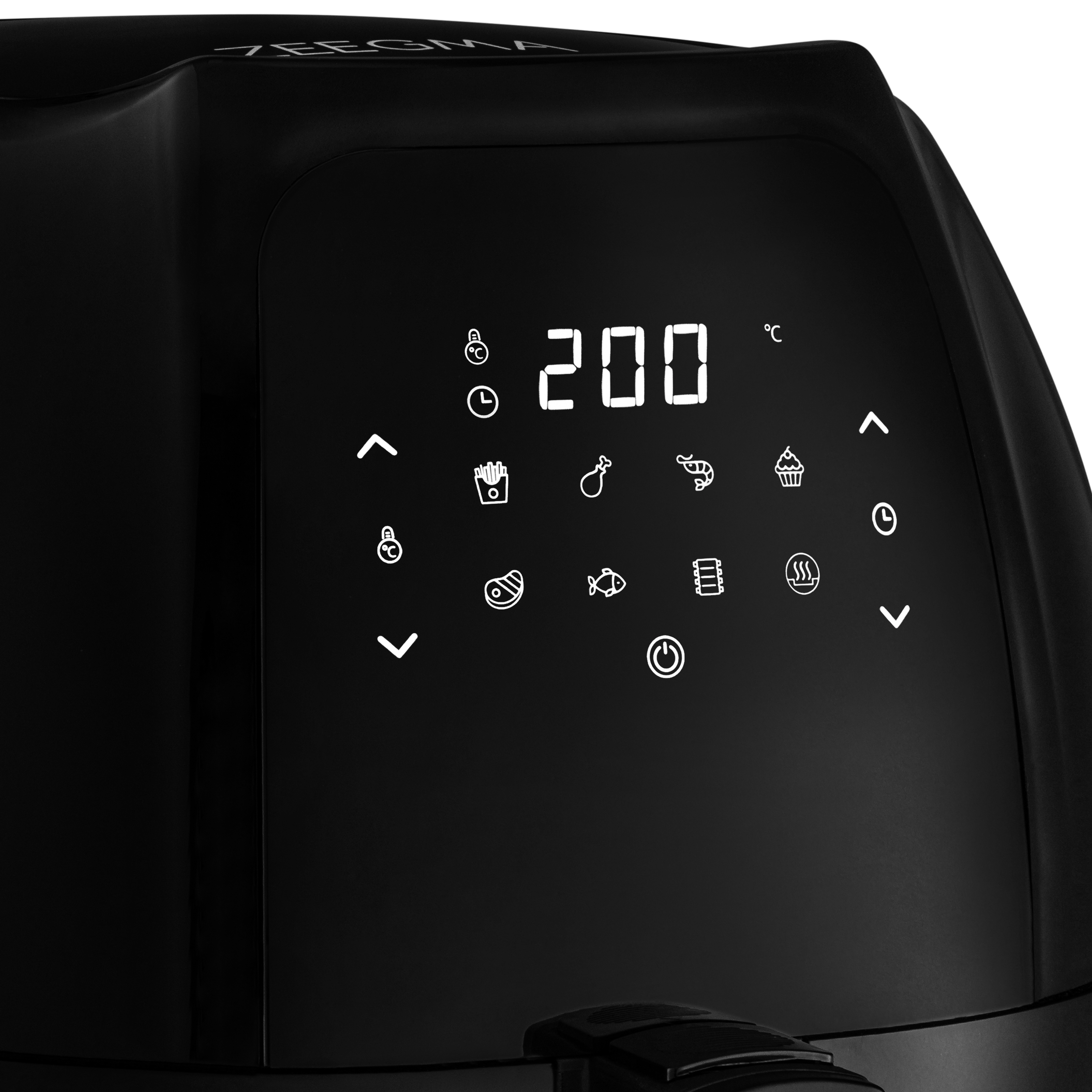 Czarna frytownica powietrzna z cyfrowym wyświetlaczem pokazującym 200 stopni Celsjusza. Białe tło.