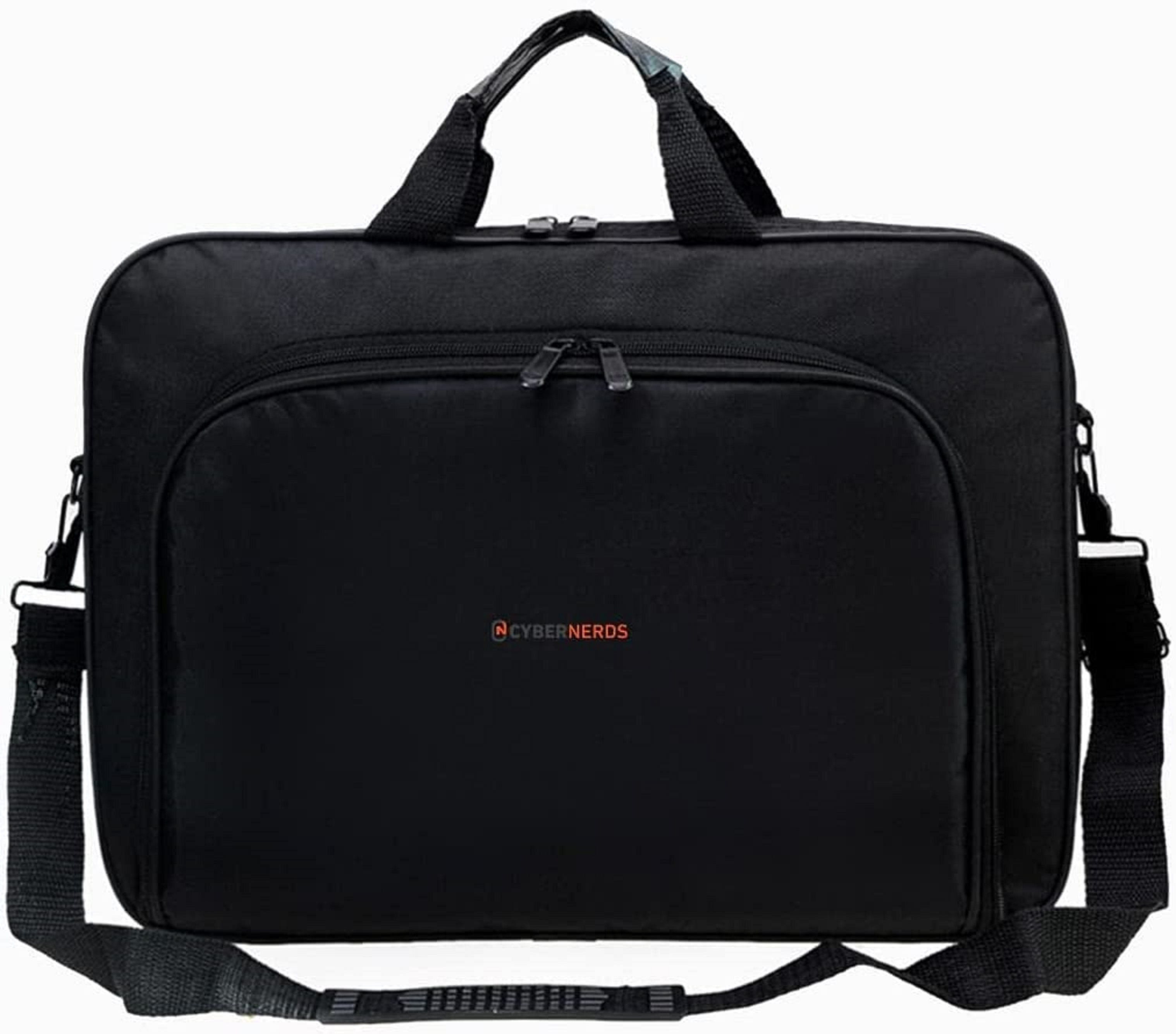 Schwarze Laptoptasche mit Griff, Schulterriemen und CyberNerds-Logo.