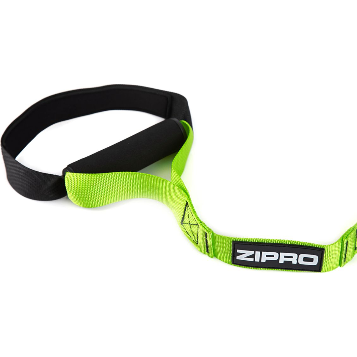 Ein schwarz-grünes Widerstandsband mit schwarzem Griff und grünem Riemen mit dem Wort ZIPRO.