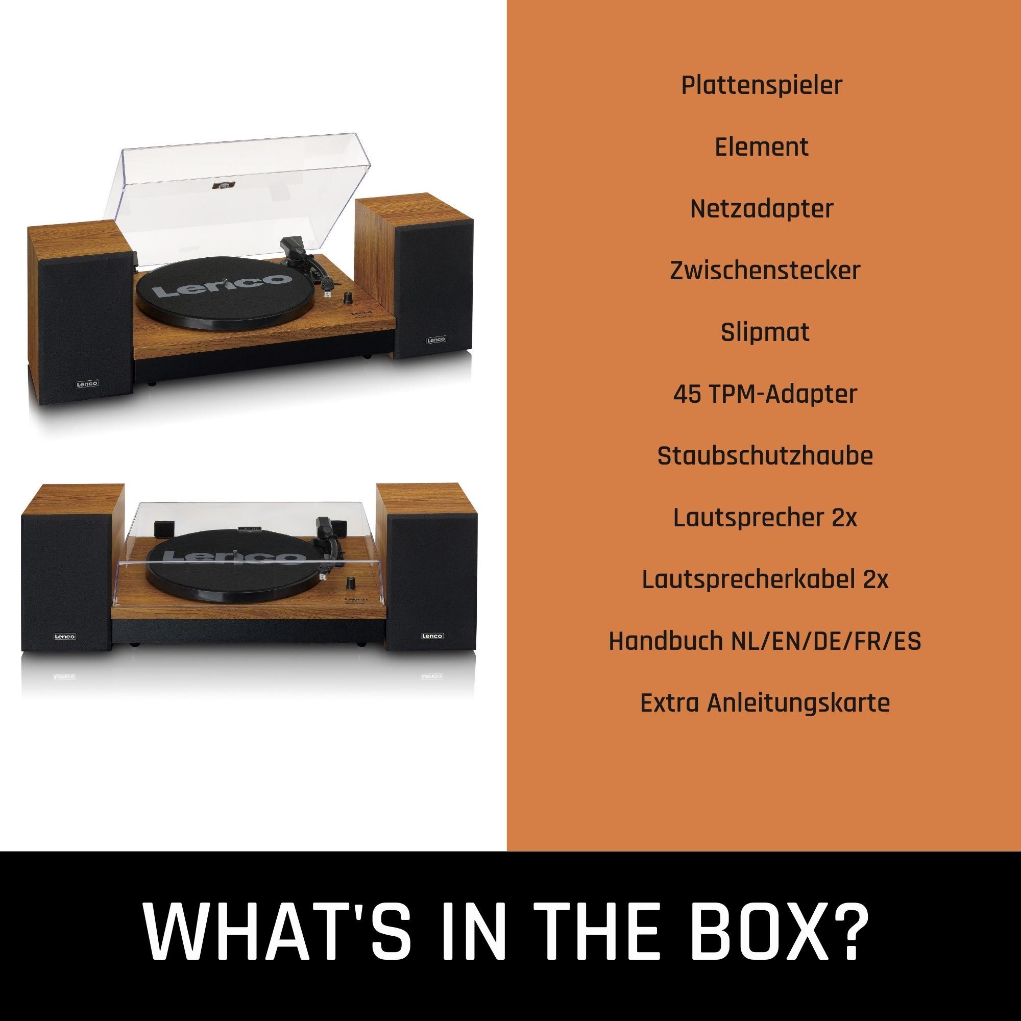 Un tocadiscos con altavoces y accesorios sobre un fondo marrón, con el texto 'WHAT'S IN THE BOX?'