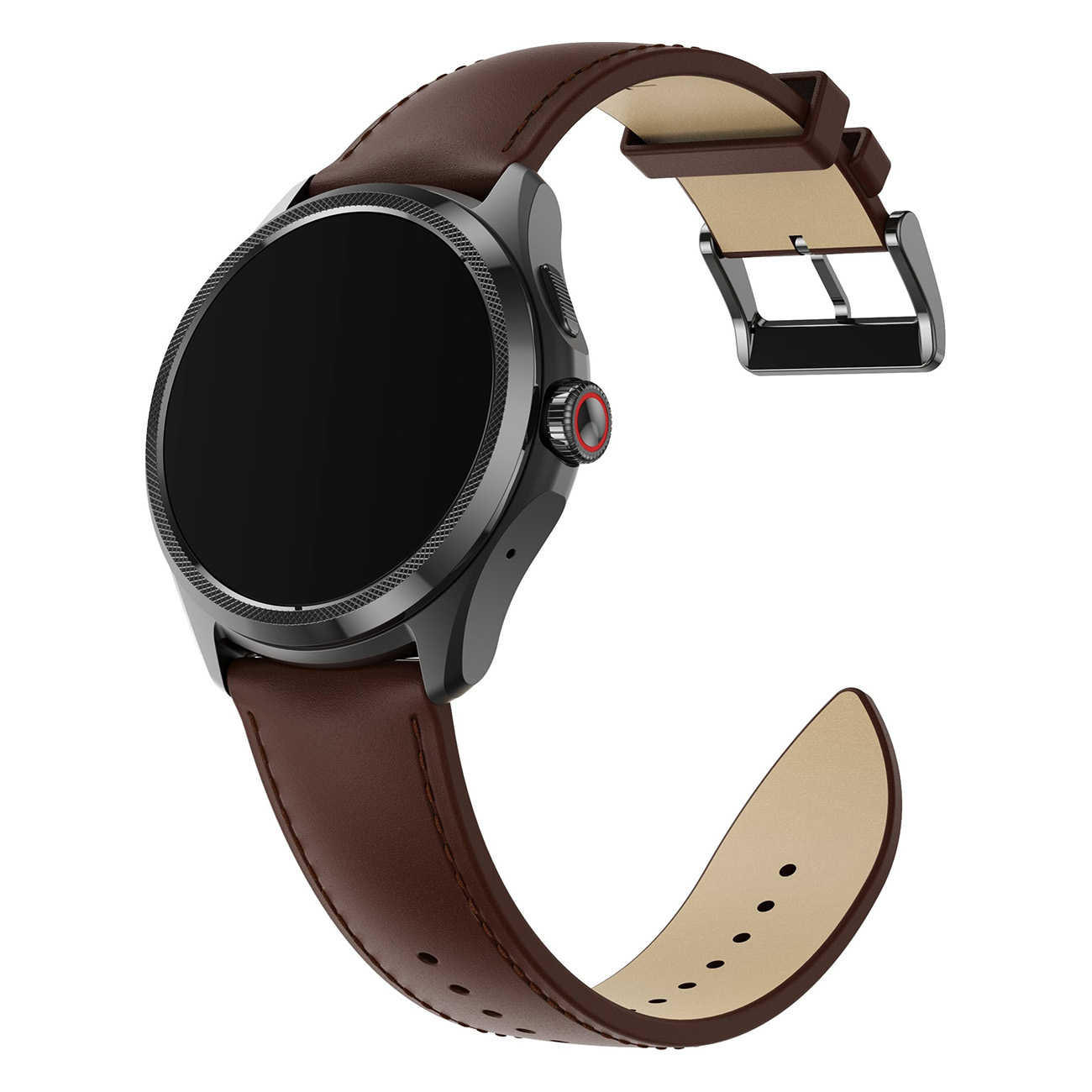 Eine schwarze Smartwatch mit braunem Lederarmband. Die Uhr hat ein rundes Zifferblatt mit schwarzem Display.