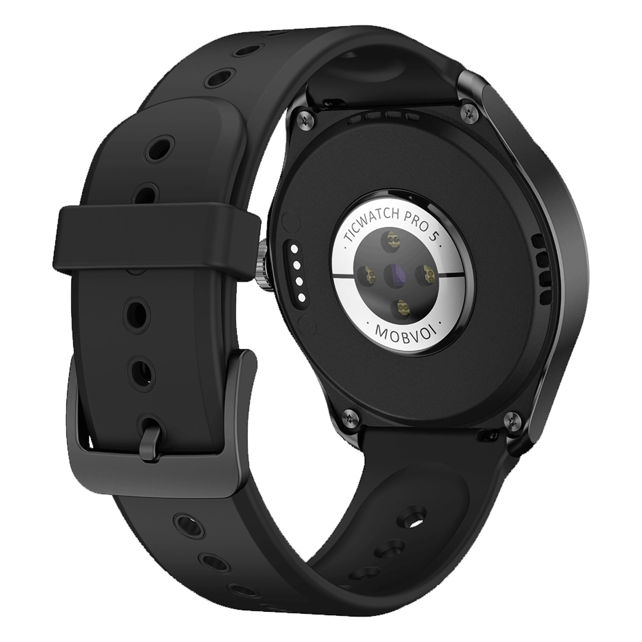 Schwarze Smartwatch, schwarzes Armband, Rückansicht, weiß.