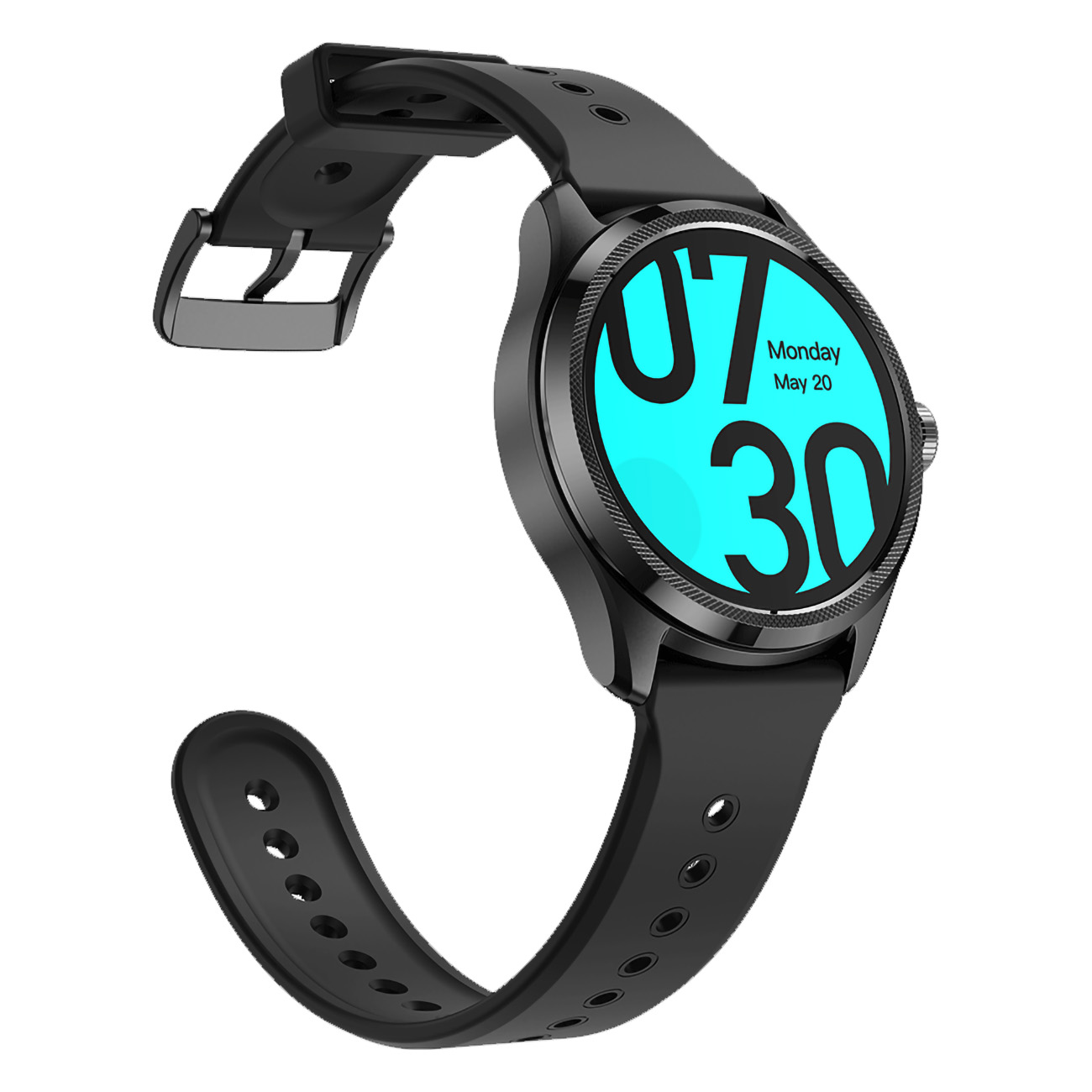 Schwarze Smartwatch mit blauem Display, das Zeit und Datum anzeigt, auf weißem Hintergrund.