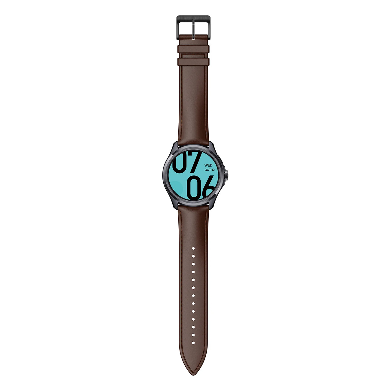 Eine braune Lederuhr mit schwarzem Gehäuse und blauem Zifferblatt, weißer Hintergrund.