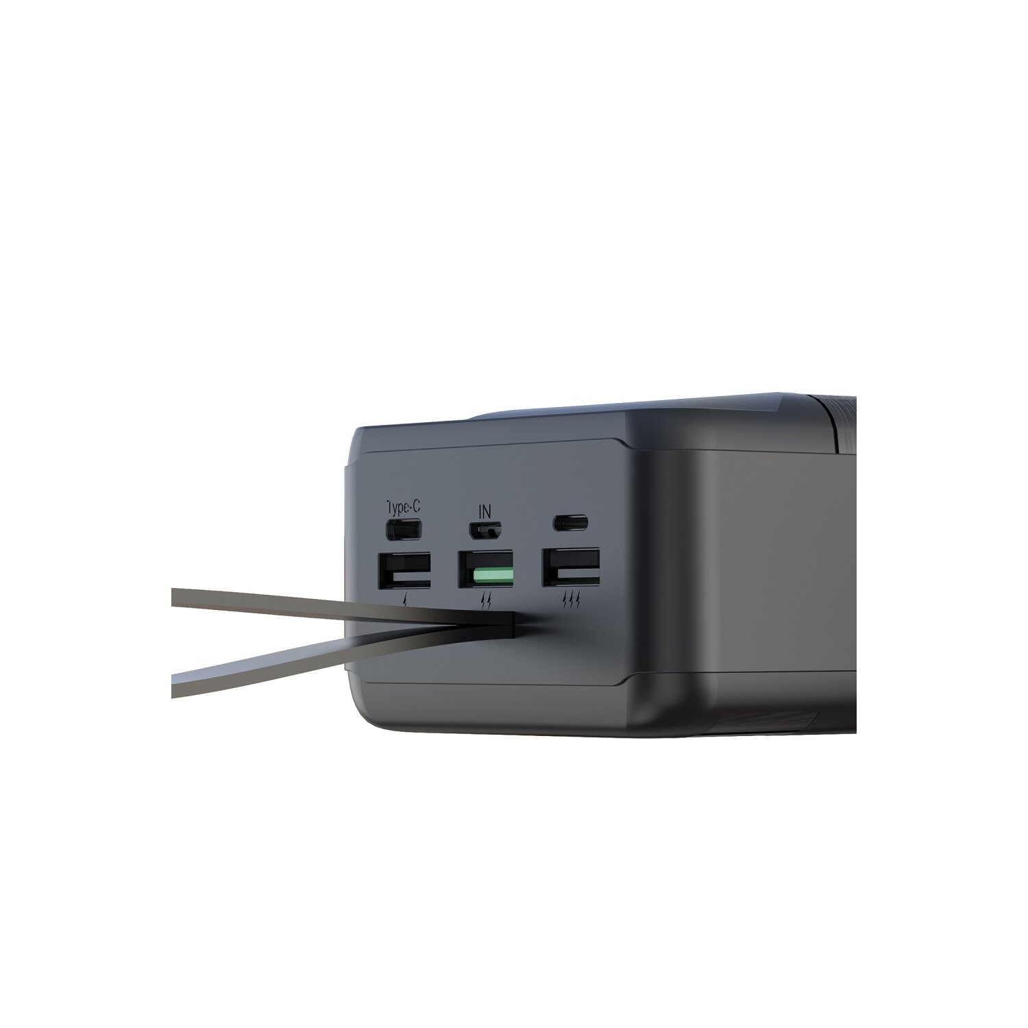 Eine schwarze Powerbank mit Anschlüssen, die mit Typ-C und IN beschriftet sind.