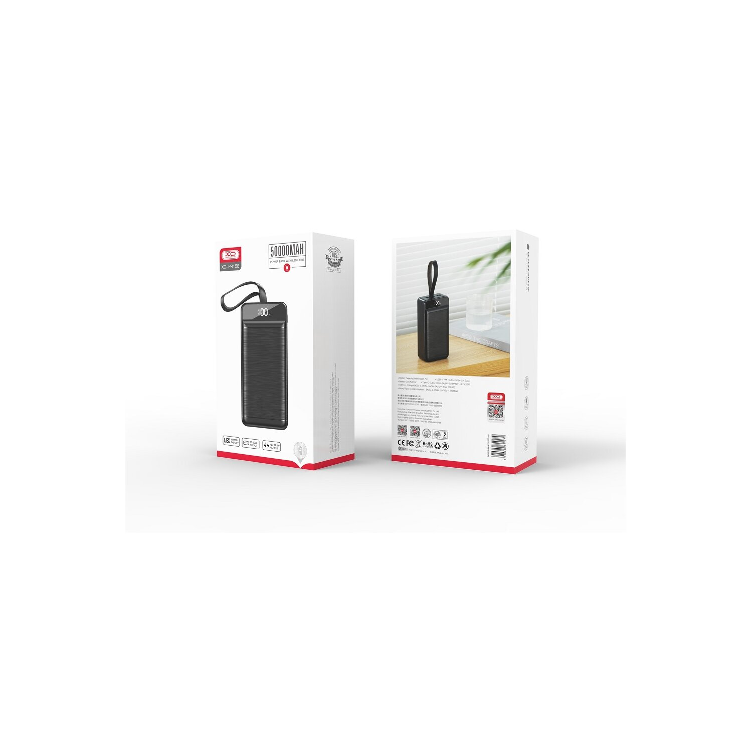 Schwarze Powerbank in einer Box, mit schwarzem Griff, zwei Ansichten der Box.