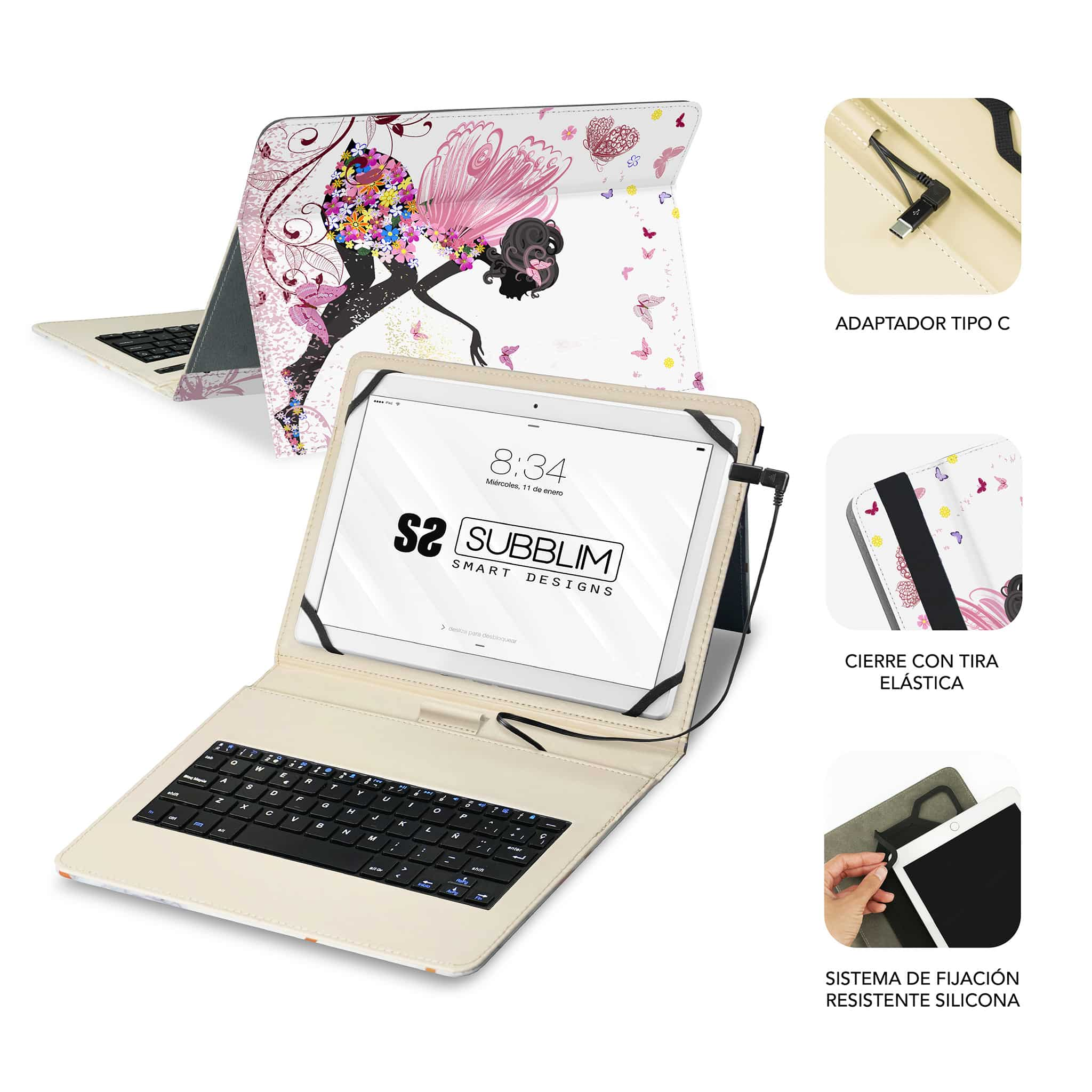 Tableta en funda floral con teclado. Detalles: adaptador tipo C y correa elástica.