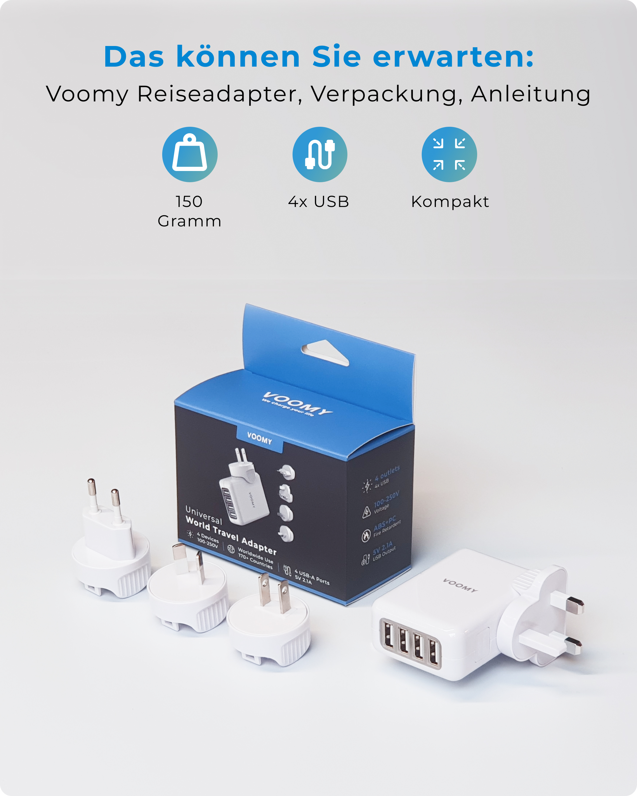 VOOMY 4 USB-A, Länder, Mexiko Europa Reiseadapter USA 170+ Weltweit, Australien