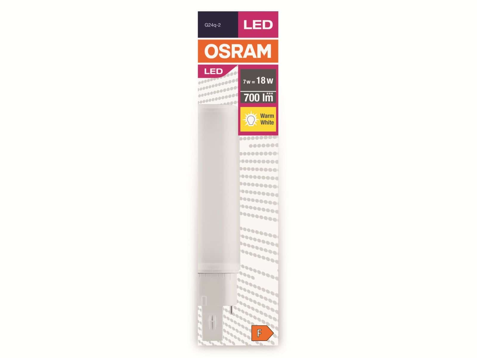 Una confezione di lampadina LED OSRAM bianca. Mostra le specifiche, 7w=18w, e luce bianca calda.