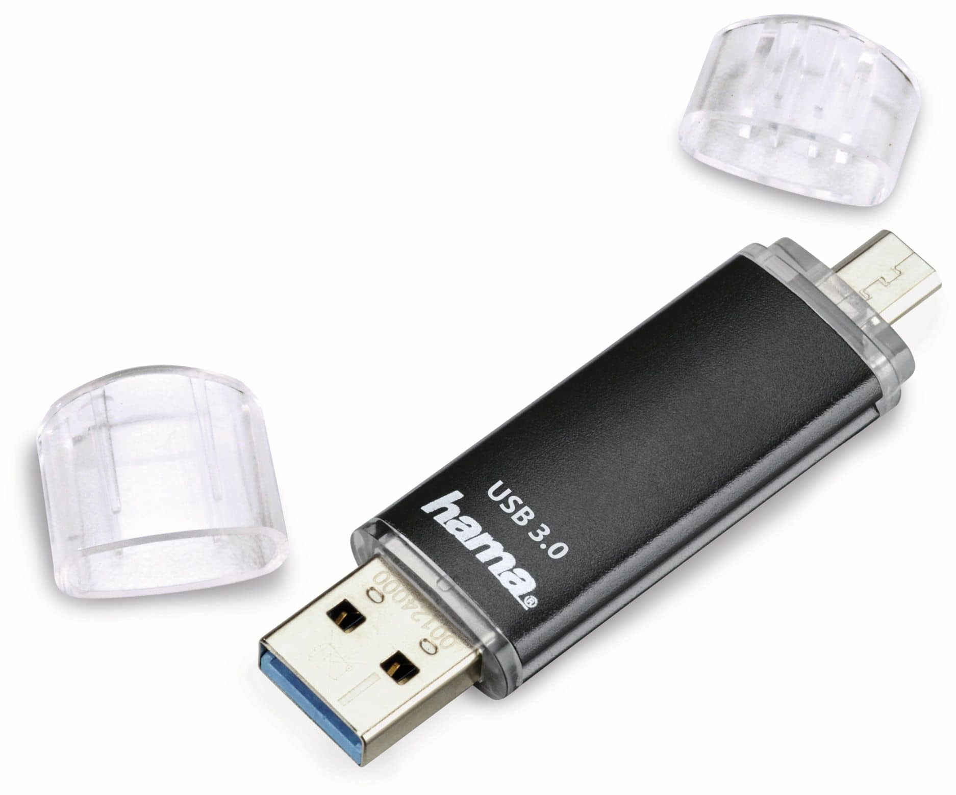 Czarny pendrive USB 3.0 z osłonami ochronnymi, leżący na białej powierzchni.