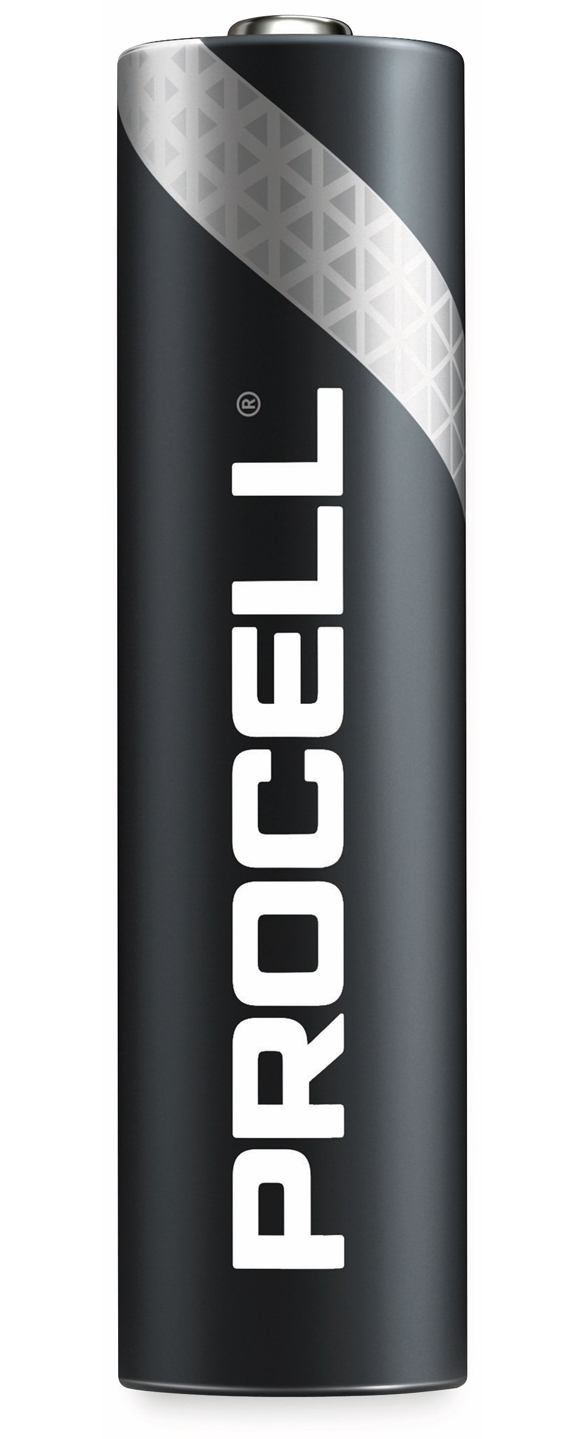Schwarze und silberne PROCELL AA-Batterie, mit deutlich sichtbarem Markennamen.