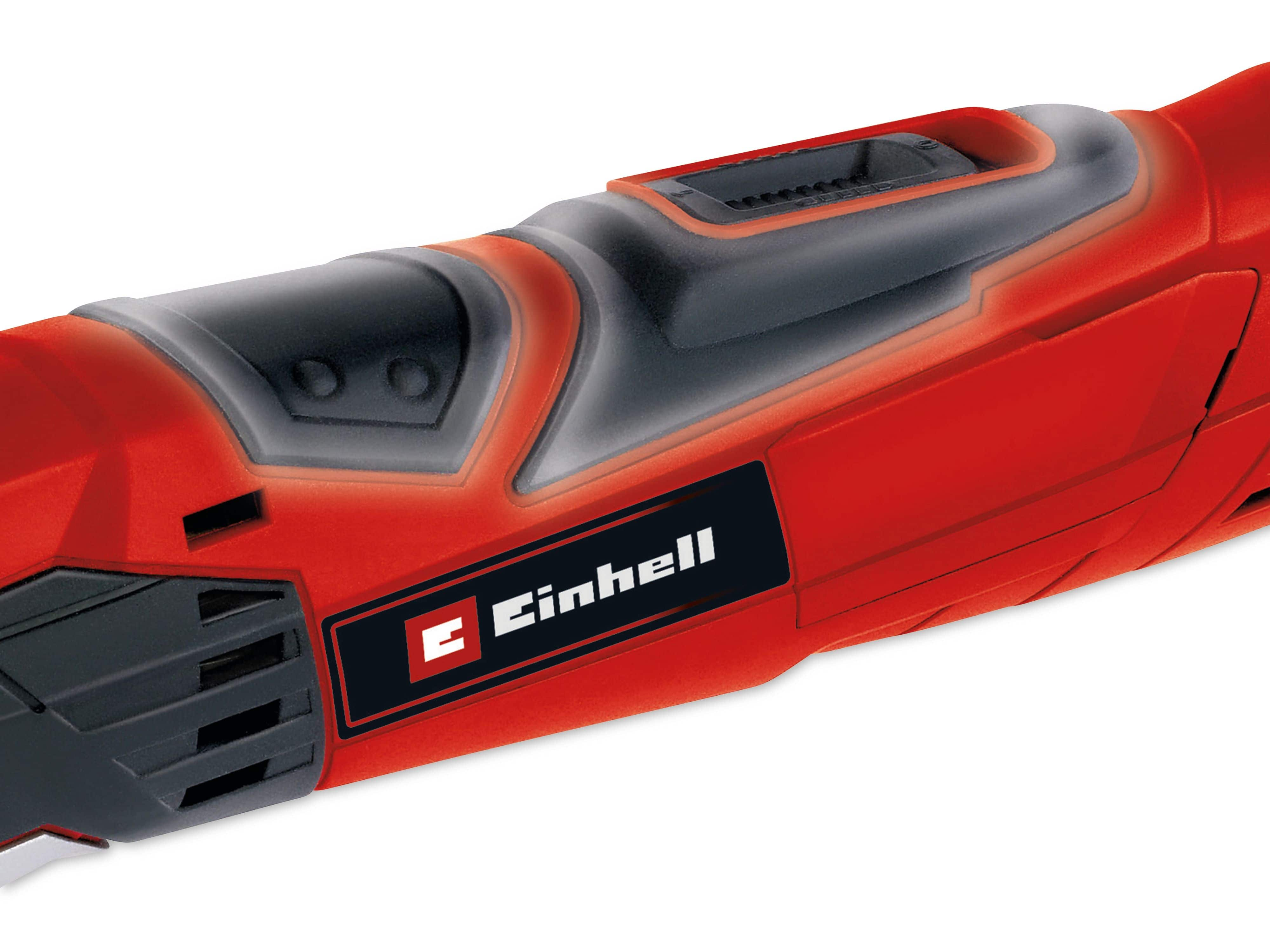 Rotes und schwarzes Elektrowerkzeug mit dem Markennamen Einhell. Nahaufnahme.