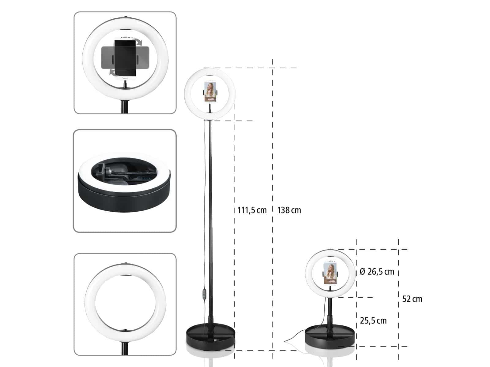 Lampa pierścieniowa z uchwytem na telefon, okrągłym światłem i podstawą, różne rozmiary.