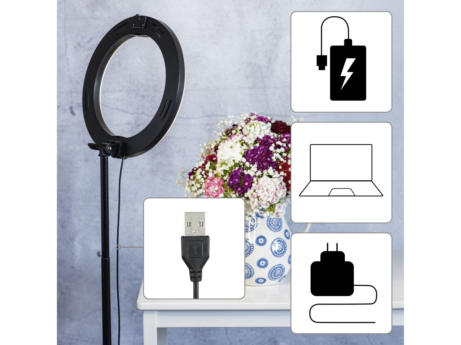 Pierścieniowa lampa i kwiaty na stole. Ikony zasilania, laptopa i ładowarki.