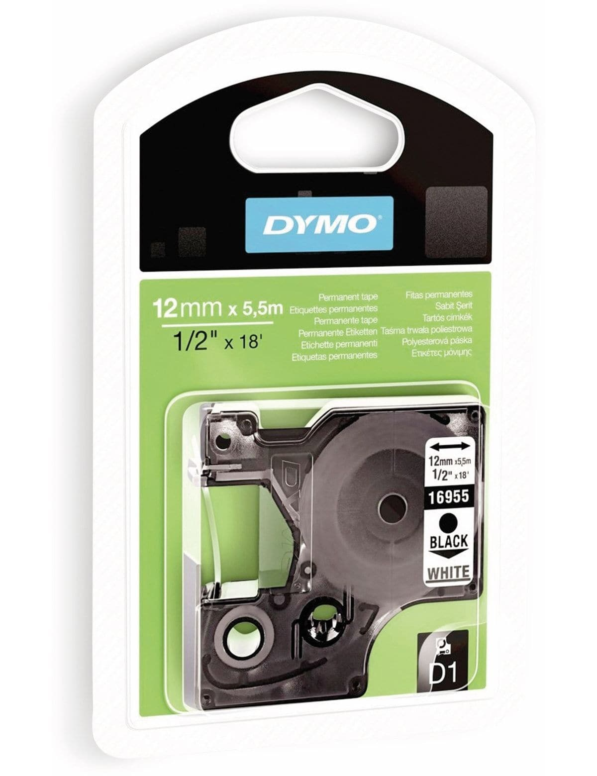 Eine Dymo-Etikettenmacher-Kartusche, schwarzes Gehäuse, weißes Etikett, und eine grün-schwarze Verpackung.
